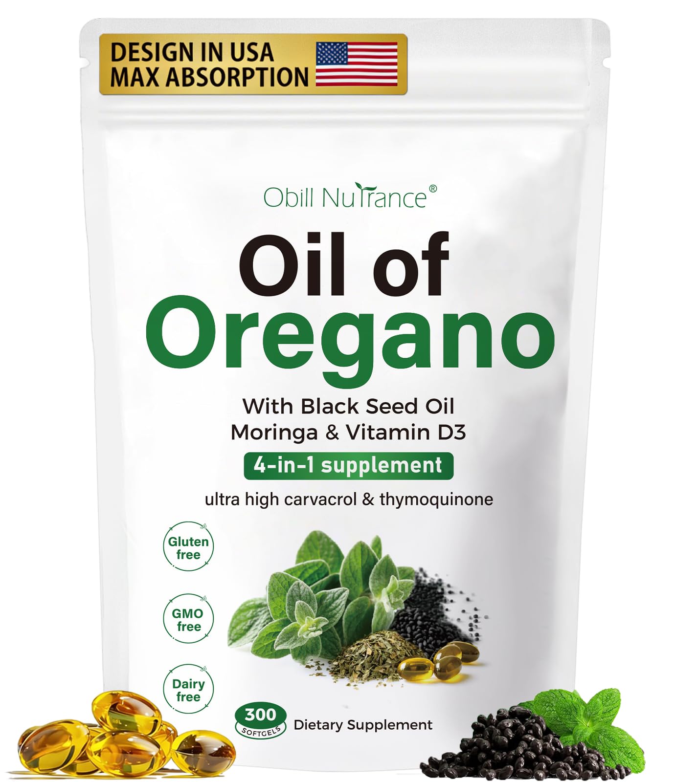 Obill NuTrance Oil of Oregano with Black Seed Oil Organic Softgels, 300 Softgels