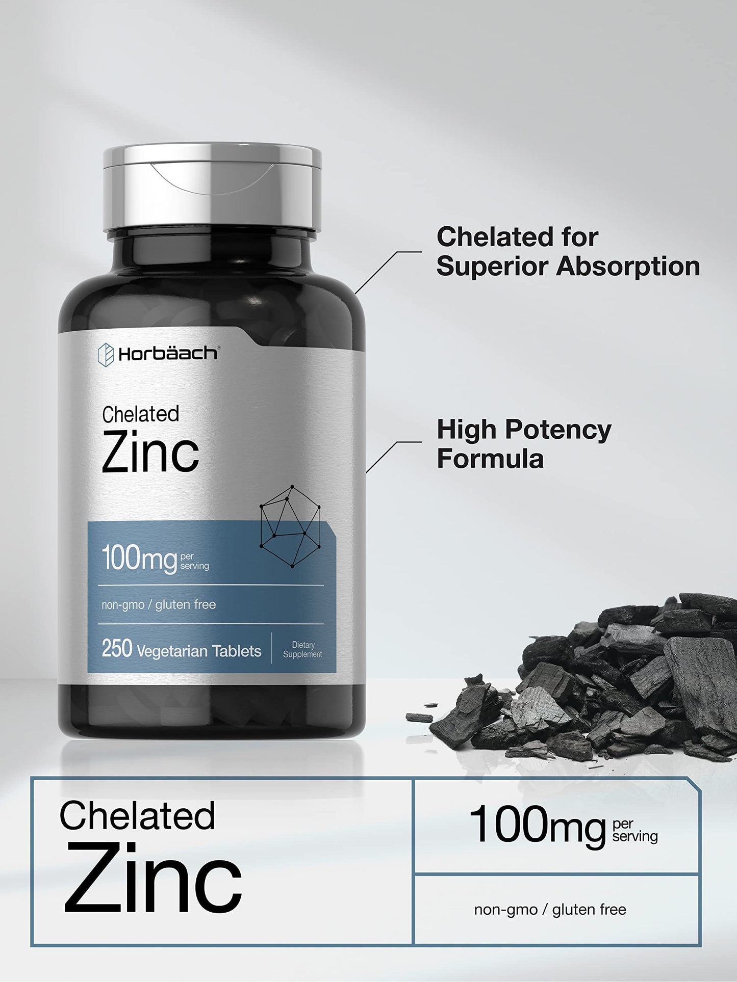 Horbäach Chelated Zinc Supplement 100mg Tablets, 250