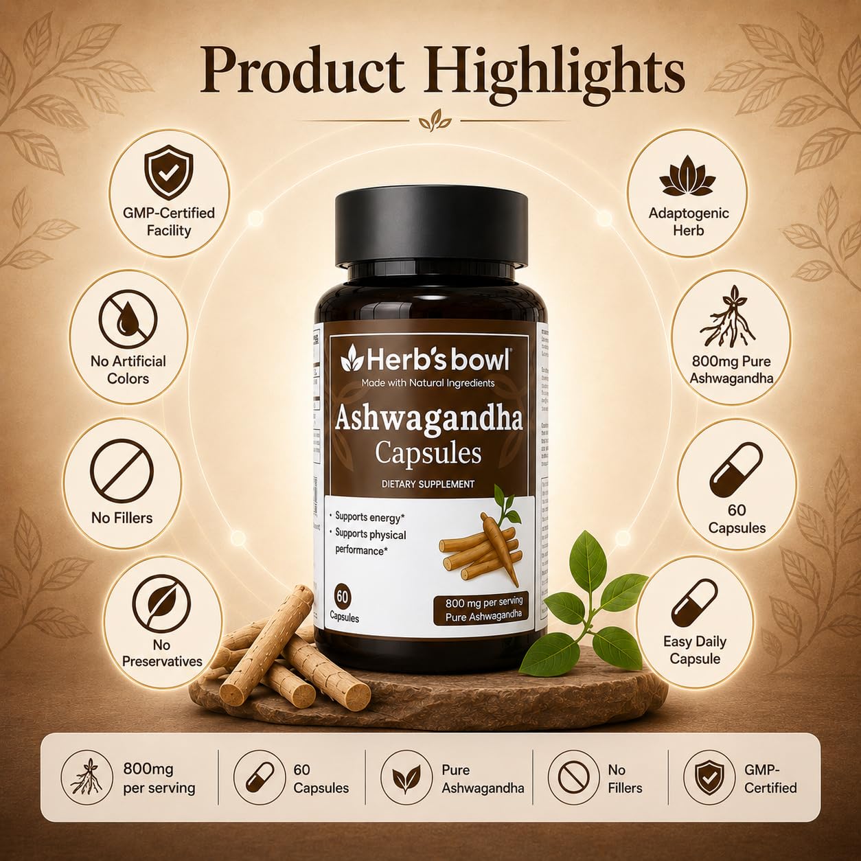 Herb'sbowl Organic Ashwagandha Capsules 800 mg per Serving, 60 Capsules