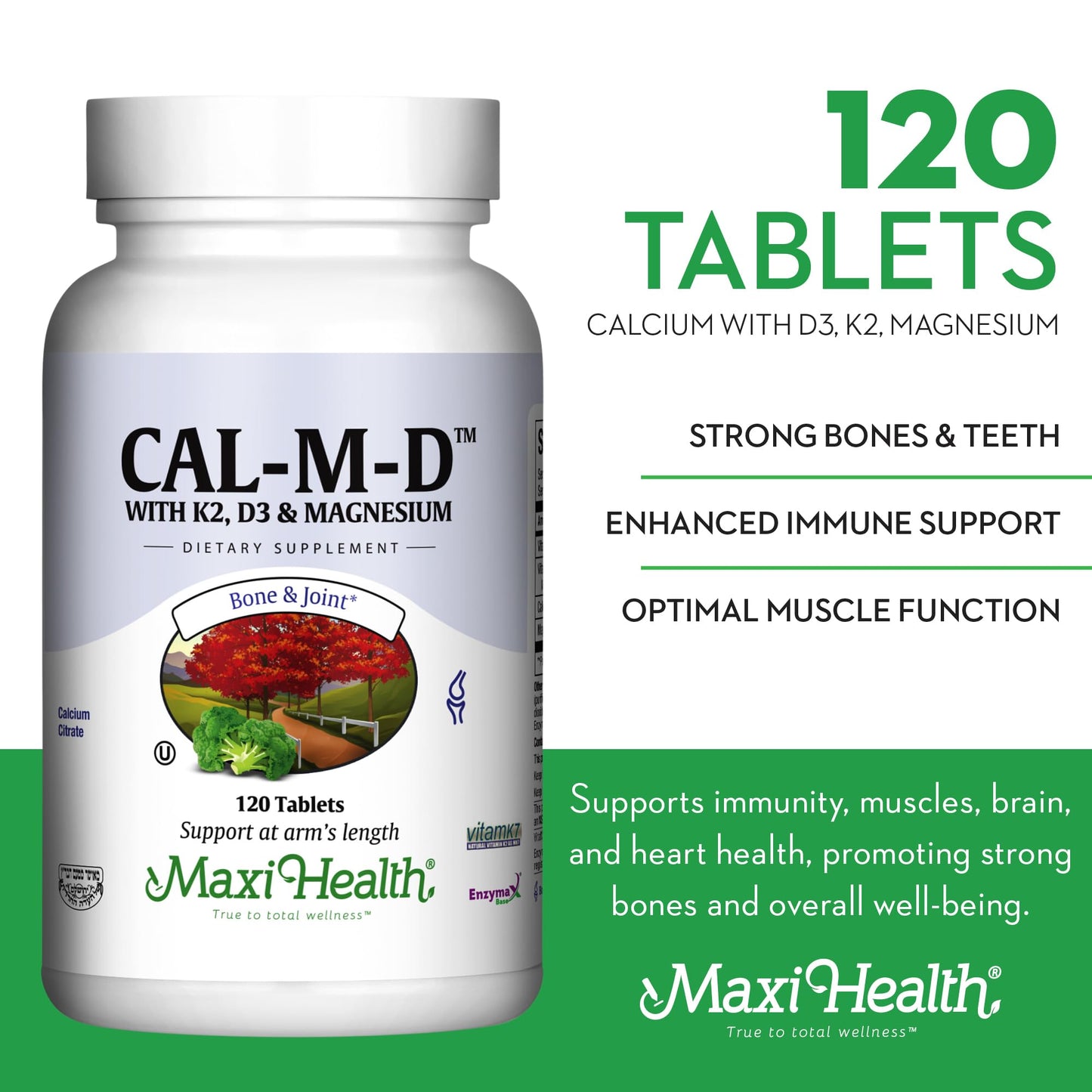 Maxi Health 4-in-1 Calcium 1000mg with Vitamin D3 and Vitamin K2 D3, Calcium Citrate Tablets, 120 Count