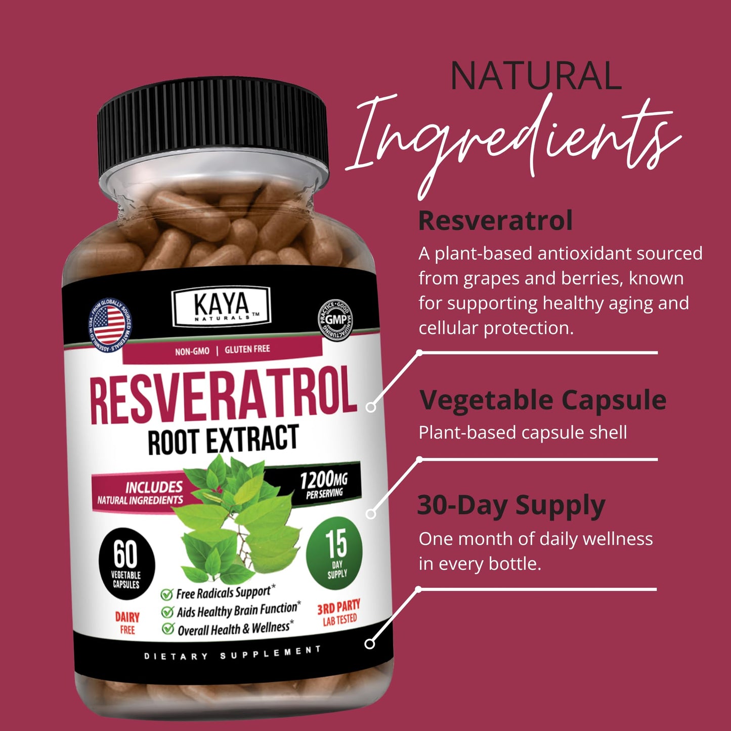 Kaya Naturals Resveratrol Capsules, 60 Count
