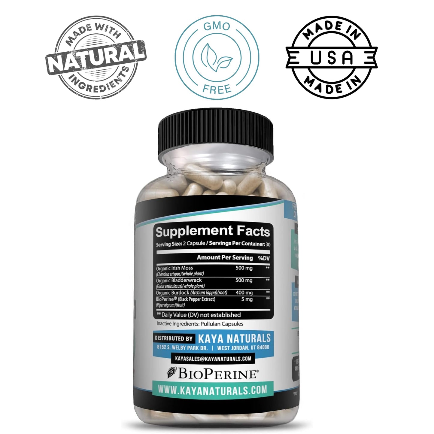 Kaya Naturals Sea Moss Mobility Supplement with Burdock Root, Irish Moss, Bladderwrack, and BioPerine - for Mobility Health and Immune Boost, 60 Capsules