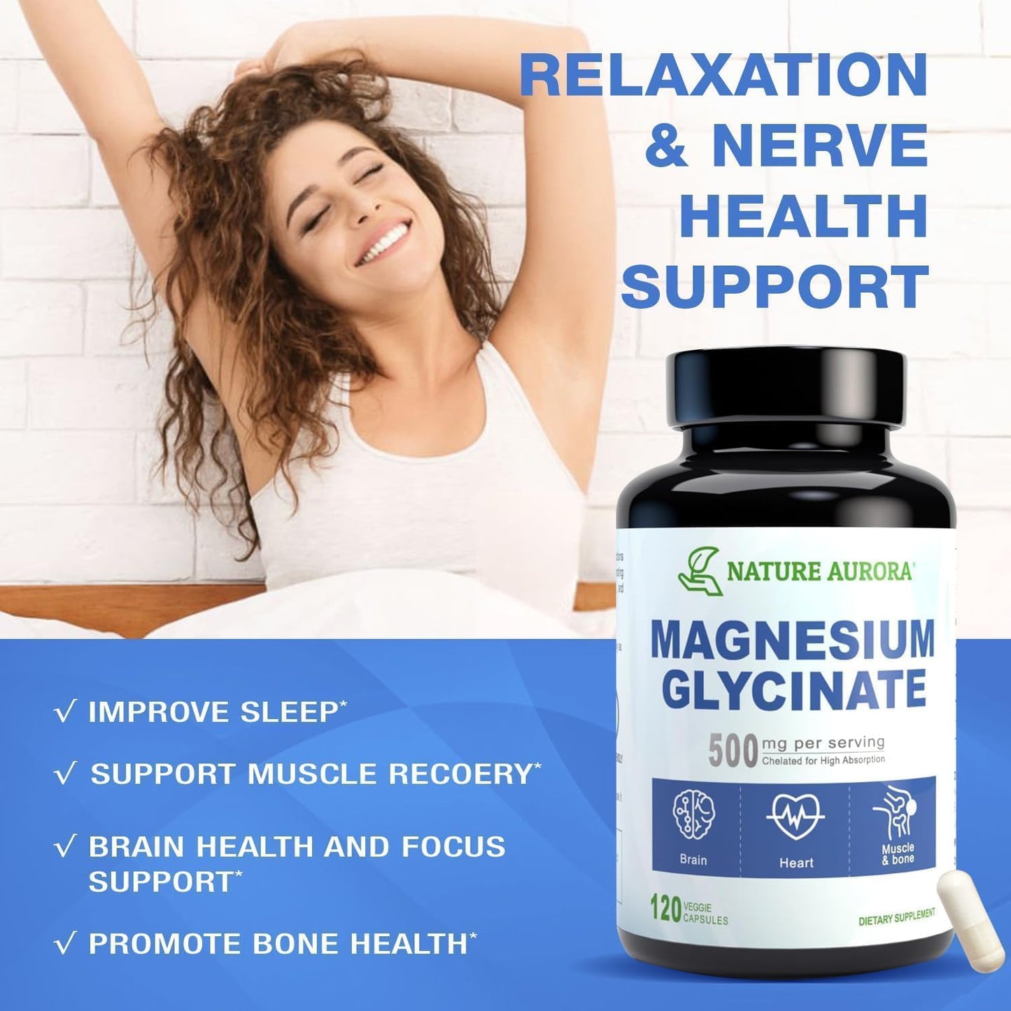 Nature Aurora Magnesium Glycinate 500mg Capsules, 120 Count