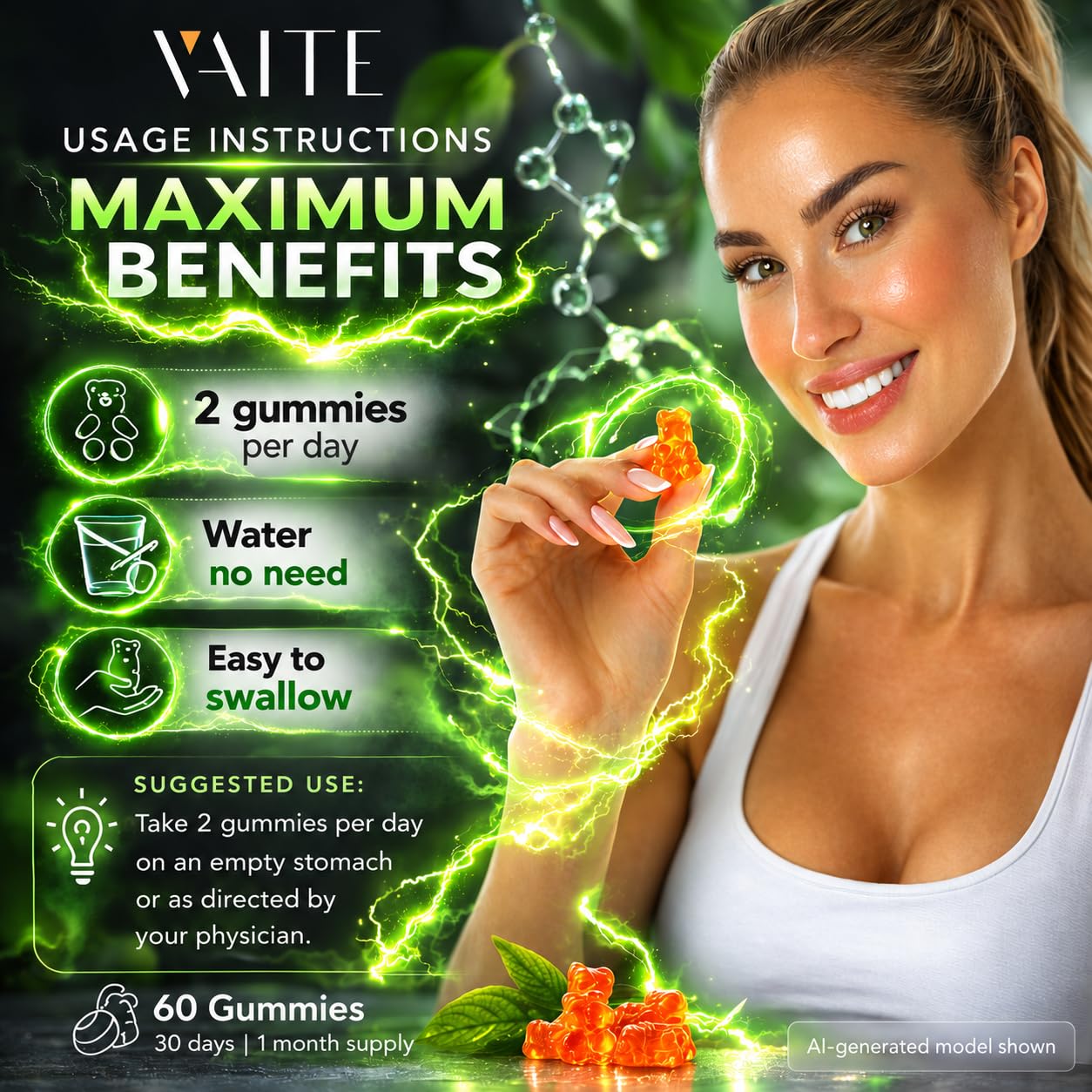 VAITE MSM Gummies 2000mg - Joint Support, Hair, Skin & Nails, Sulfur Supplement - Vegan, Non-GMO, Gluten-Free - 60 Gummies