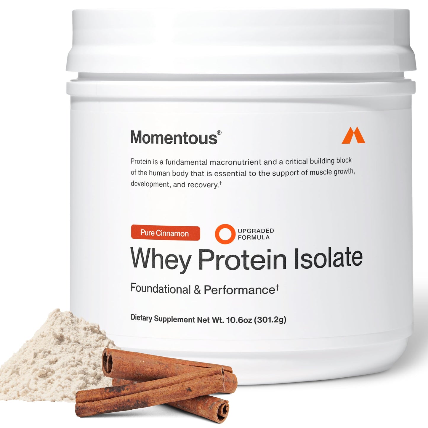 Momentous Grass-Fed Whey Protein Isolate Powder, Pure Cinnamon, 12 Servings