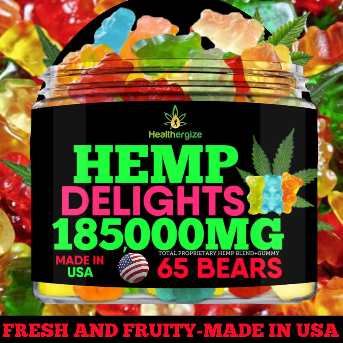 Healthergize Hemp Gummies Bears for Sleep & Relax - Hempseed Oil Gummy Bear, Fresh Fruity Edibles, Made in USA, 11