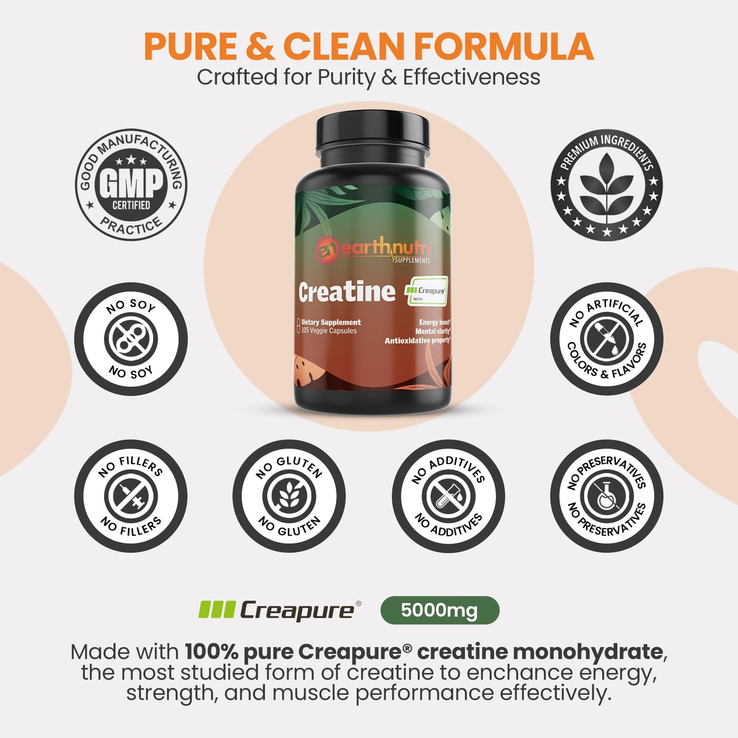 EarthNutri Creatine Monohydrate Capsules, Unflavored, 105 Capsules