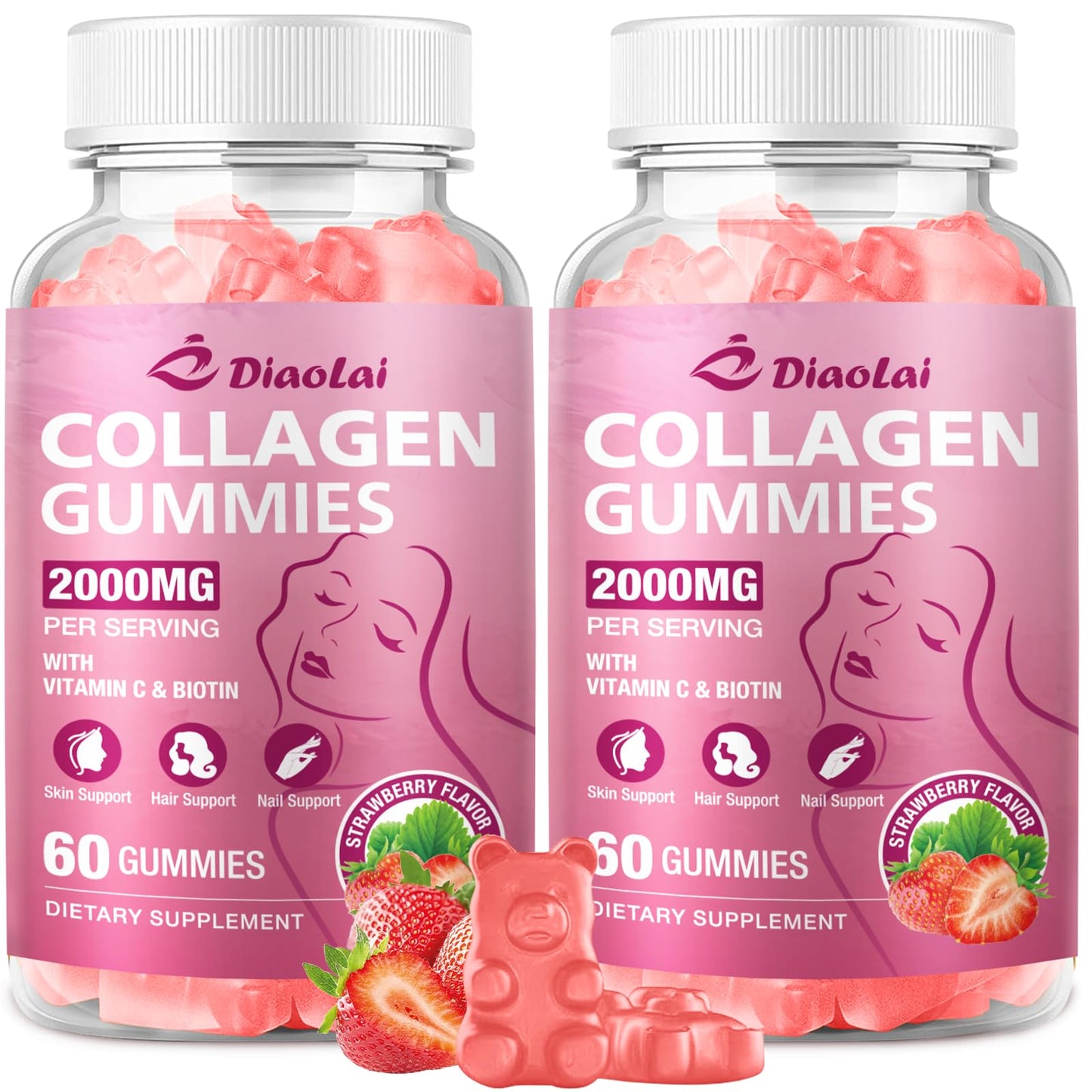 DIAOLAI Sugar-Free Multi Collagen Gummies (2-pack) with Biotin, Vitamin C & Zinc for Hair, Skin & Nails, Strawberry Flavor
