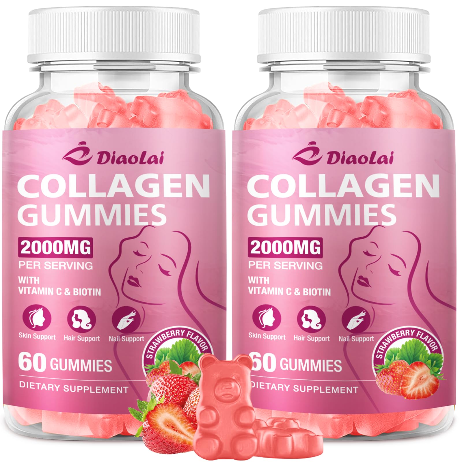 DIAOLAI Sugar-Free Multi Collagen Gummies (2-pack) with Biotin, Vitamin C & Zinc for Hair, Skin & Nails, Strawberry Flavor