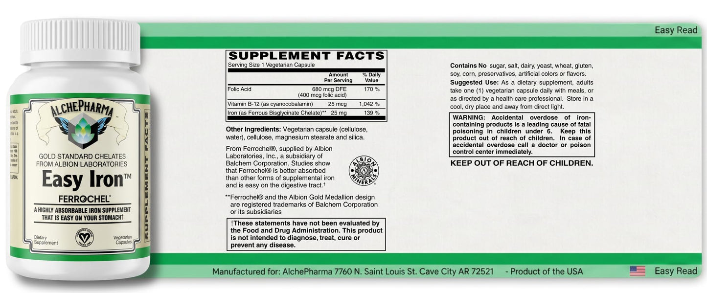 AlchePharma Easy Iron (Patented Ferrochel®, Iron bisglycinate) 90 Capsules