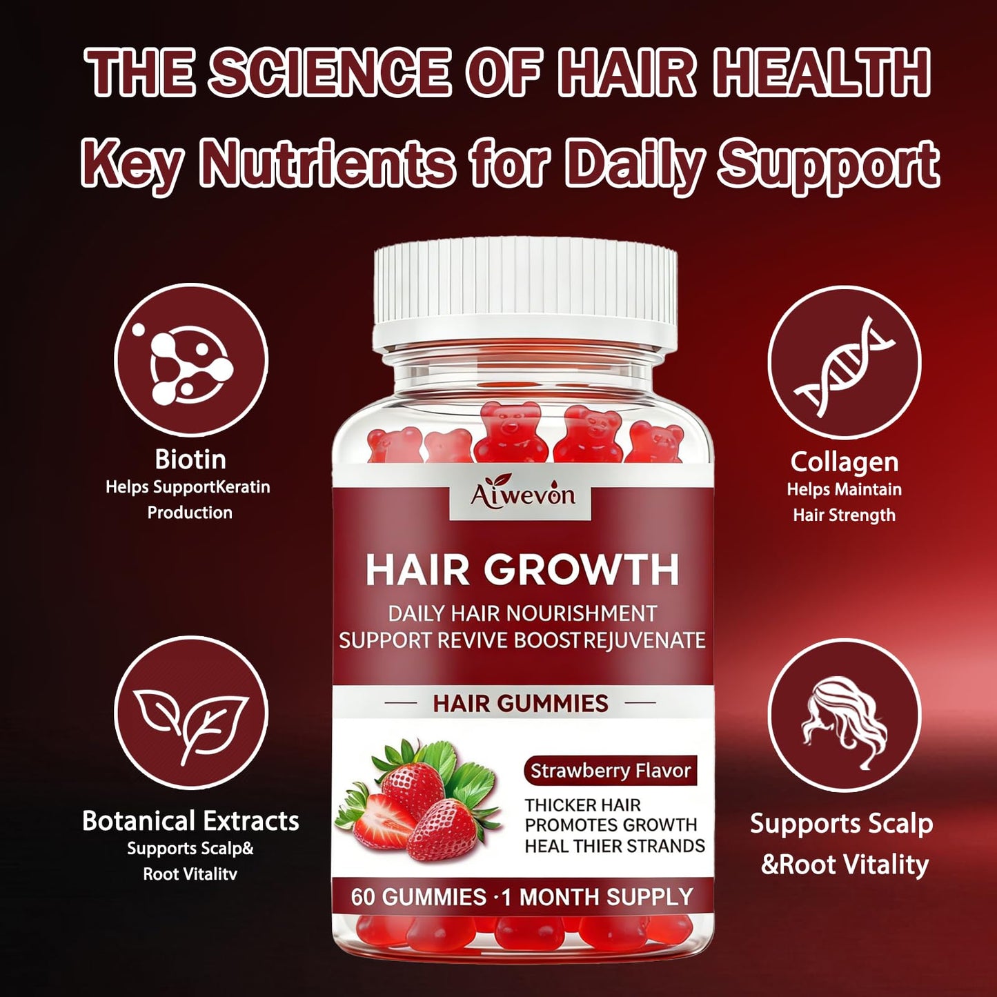 Aiwevon Hair Growth Gummies for Women & Men, 60 Gummies