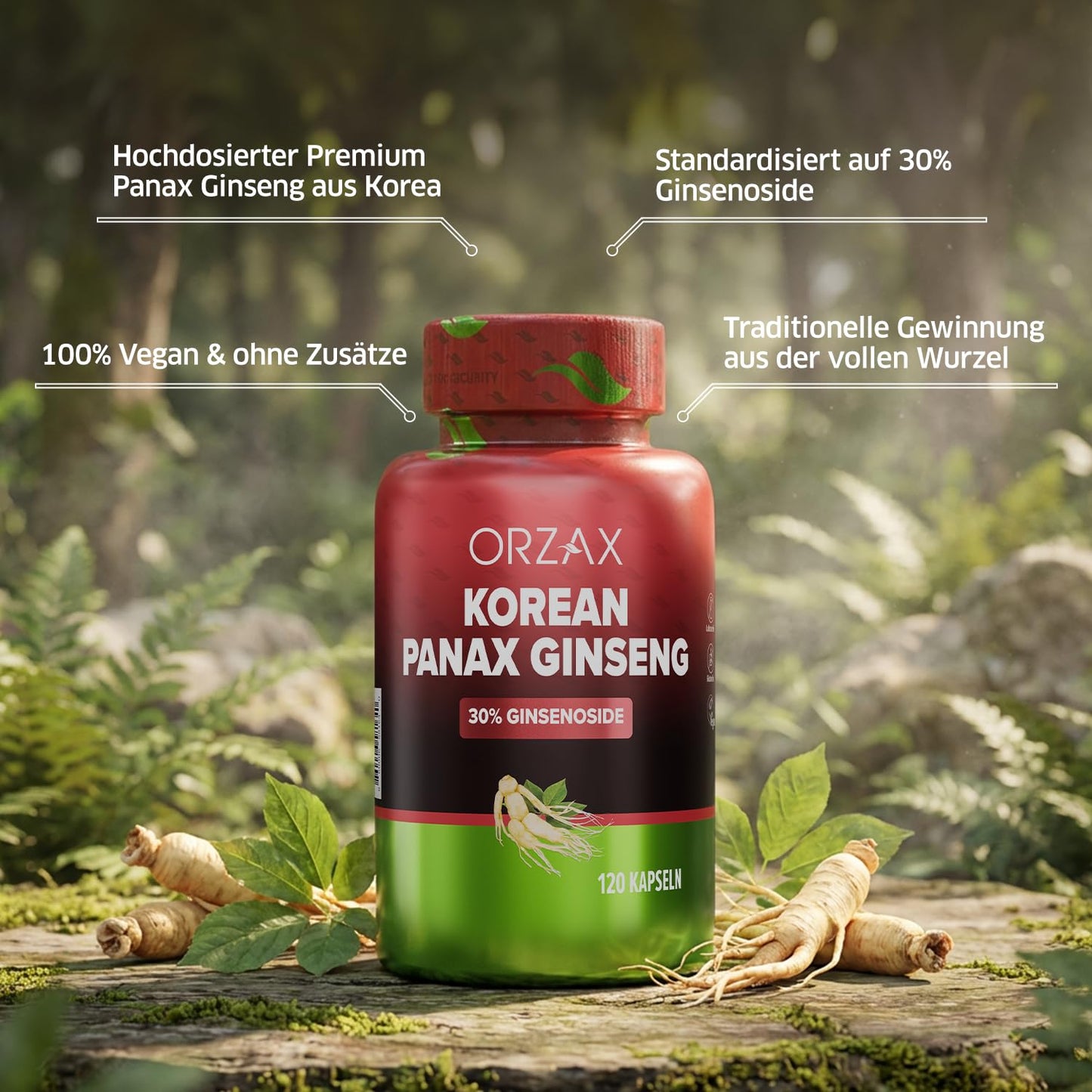 ORZAX Korean Panax Ginseng Capsules, 120 Veg Capsules