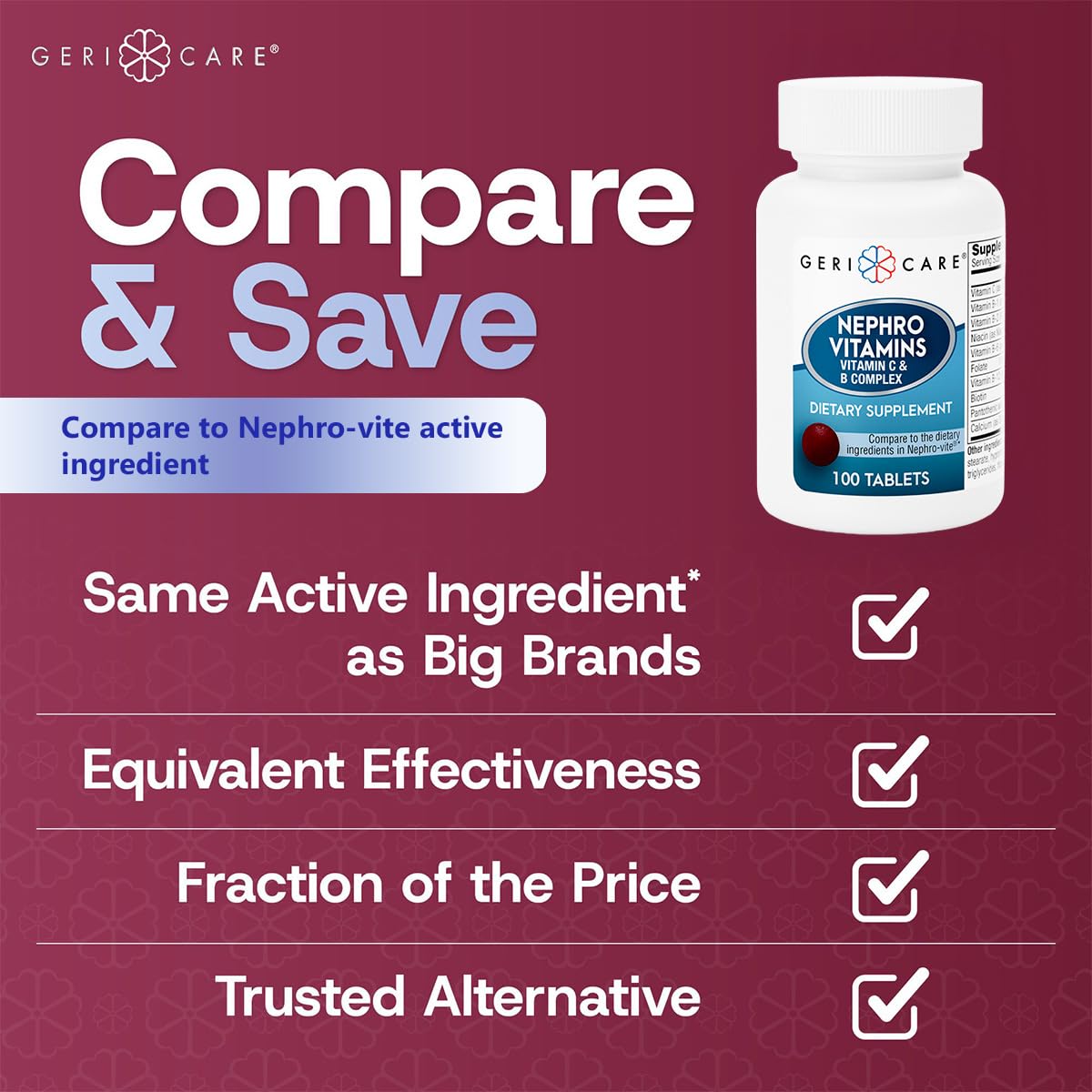 GeriCare Nephro Vitamin C & B Complex Tablets, 100 Count