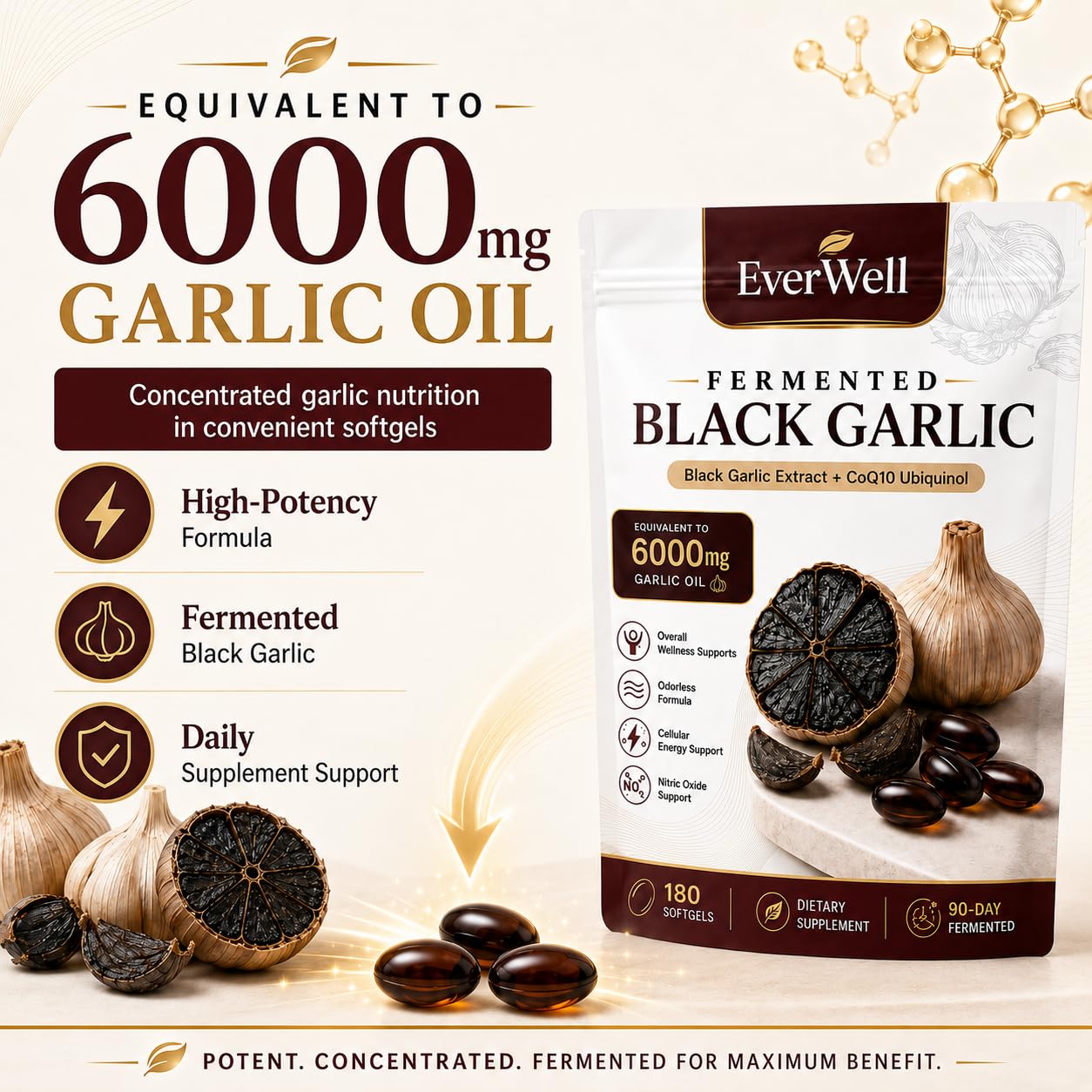 QoCore Supplement Everwell Black Fermented Black Garlic + CoQ10 Ubiquinol Capsule, 1 Count