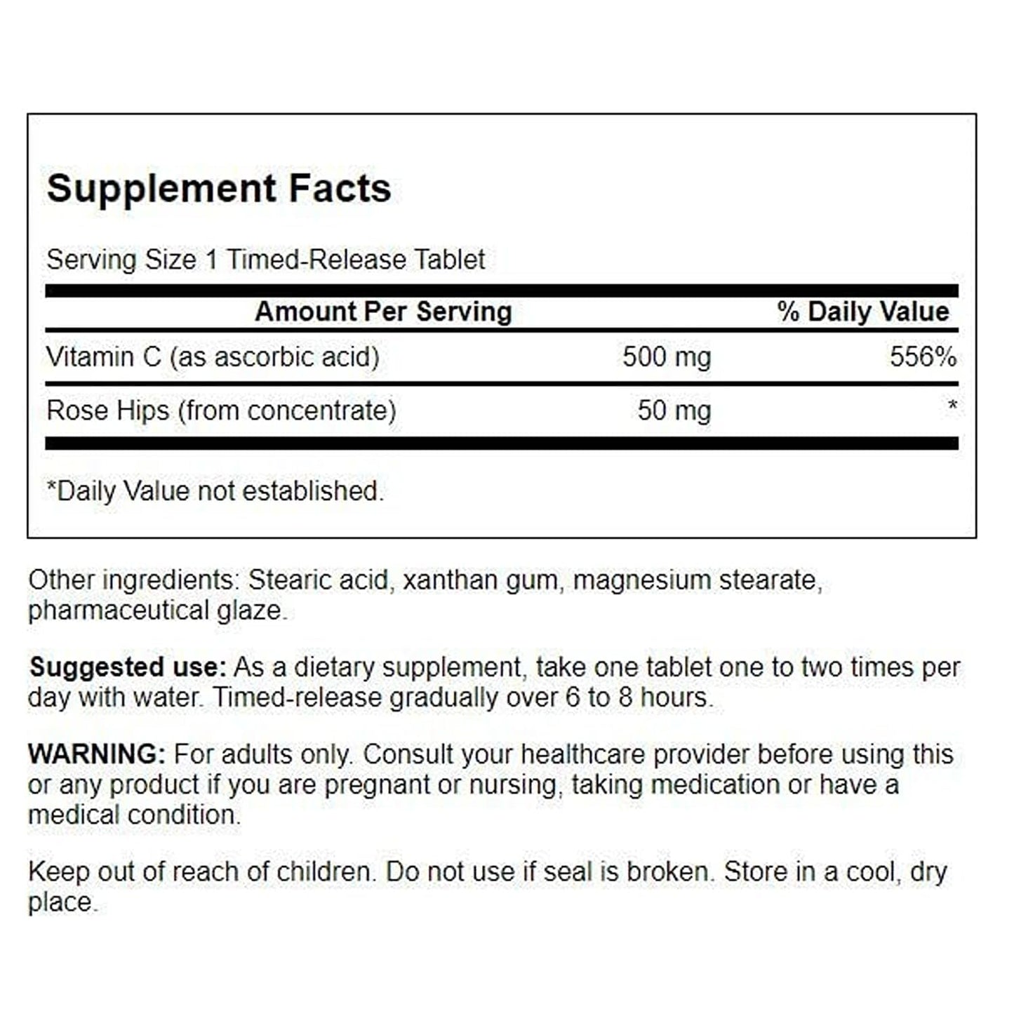 Swanson Timed-Release Vitamin C with Rose Hips 500 mg, Immune System Support, Skin & Cardiovascular Health, Antioxidant Supplement, 500 Tablets