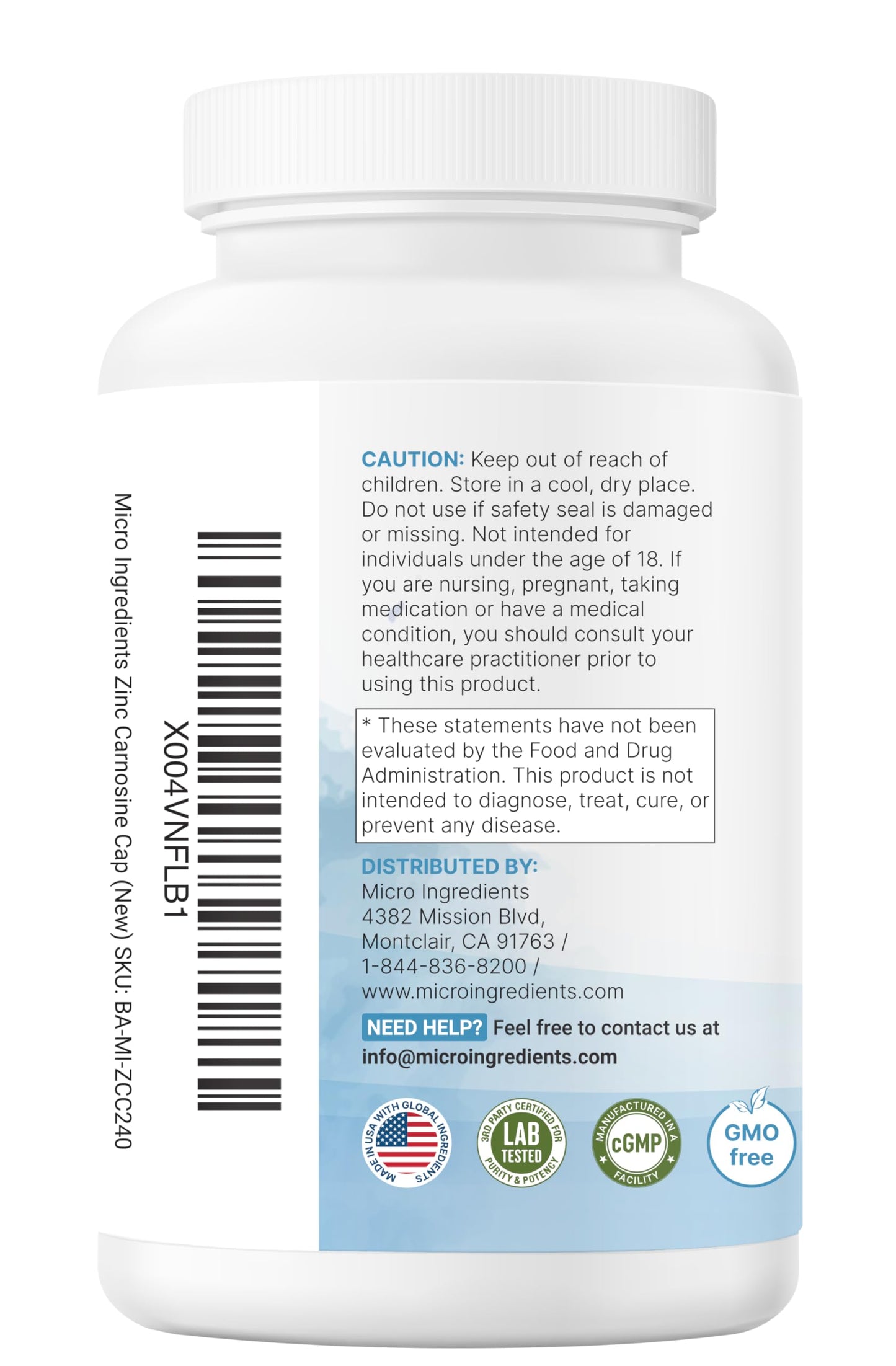 Micro Ingredients Zinc Carnosine 10-in-1 Complex 825mg per Serving Capsules, 240 Count