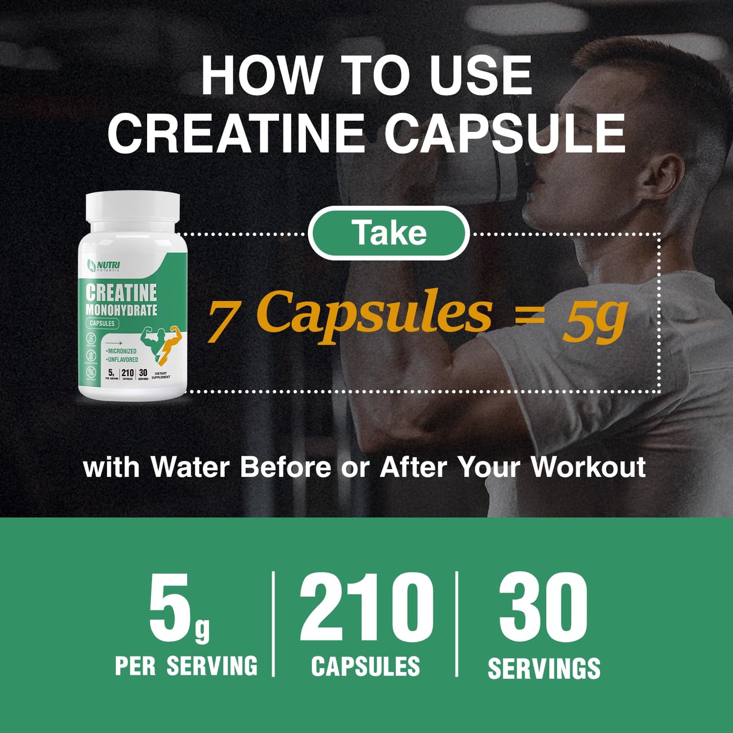 NUTRI POTENTIA Creatine Monohydrate Capsules, 210 Capsules