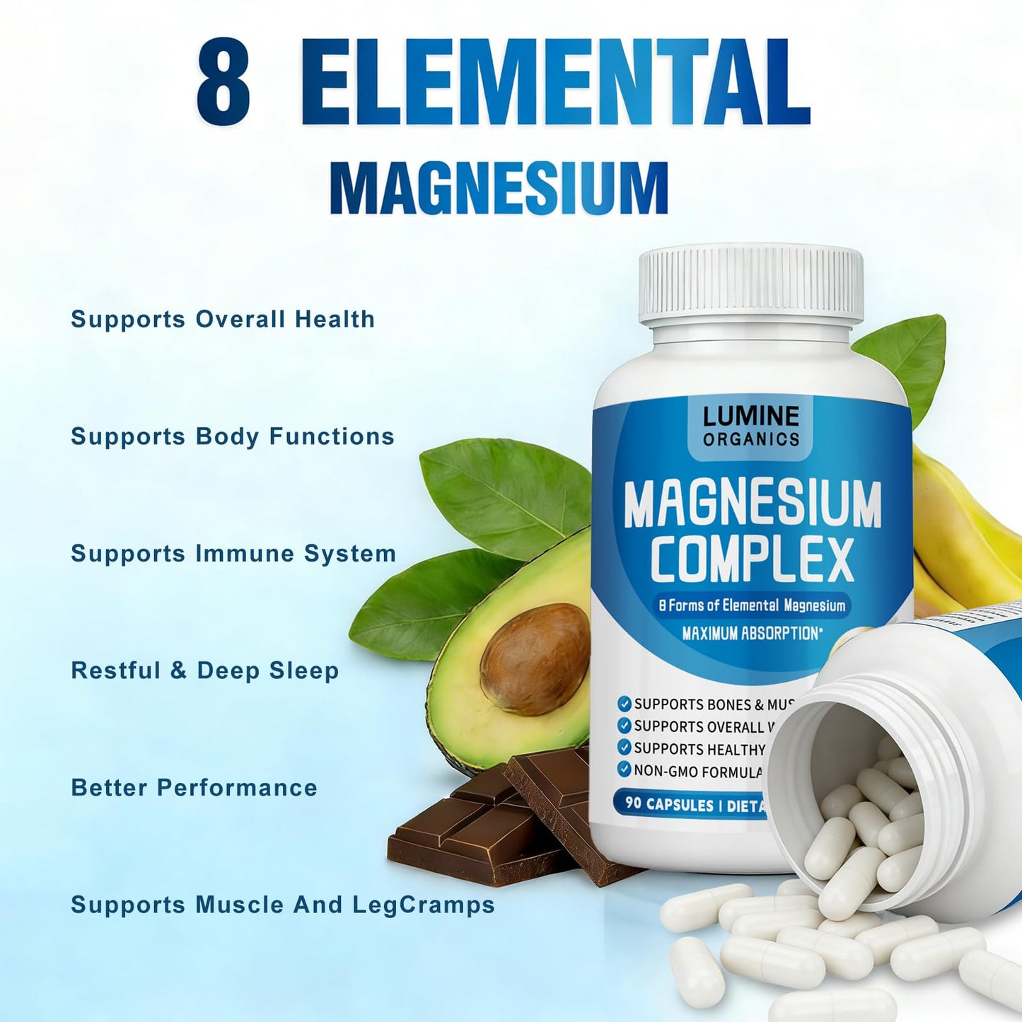 Lumine Organics Magnesium Complex Supplement Capsule 1000mg, Advanced 8-in-1 Magnesium Blend, Non-GMO, 90 Capsules