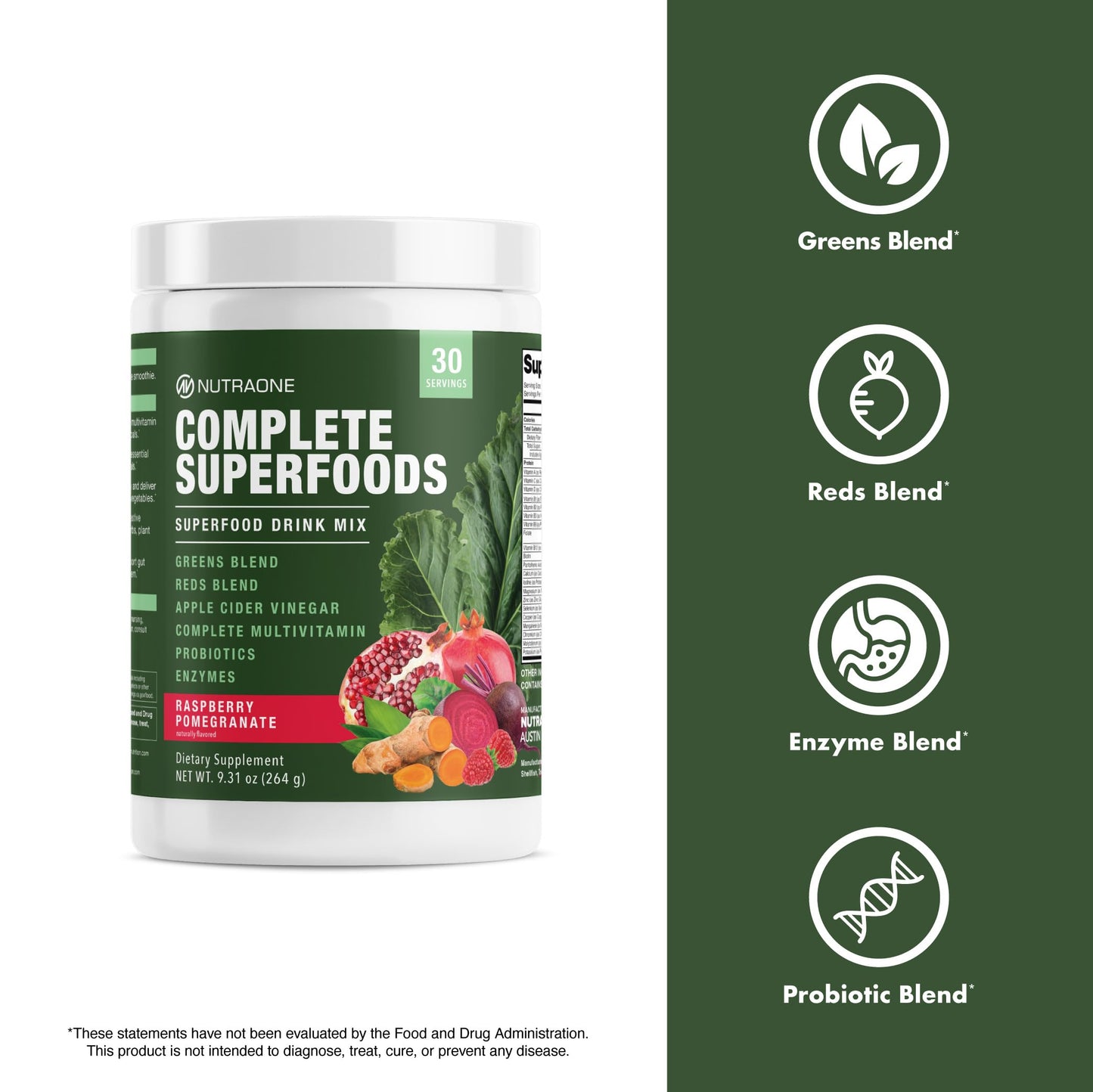 NutraOne Complete Superfoods, Greens & Reds Blend, Apple Cider Vinegar, Digestive Enzyme Blend, Probiotic Blend, Multivitamin Powder 9.31 oz