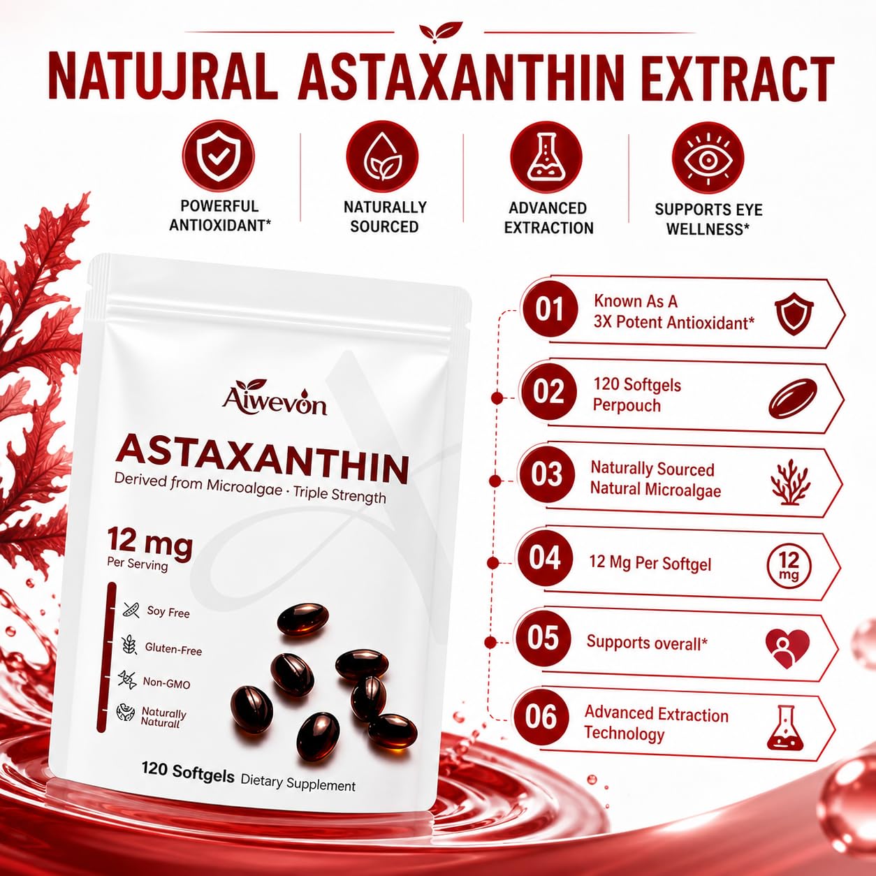 Aiwevon Natural Astaxanthin 12mg Softgels, 120 Count