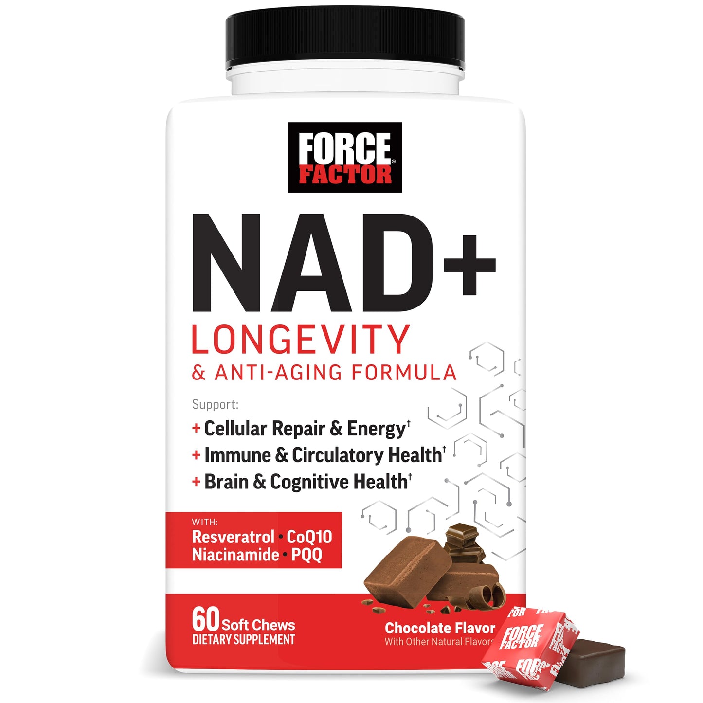 Force Factor NAD+ Longevity, Support Cellular Energy & Repair, Anti-Aging Formula with Antioxidant Support, Promote Brain & Cognitive Health Soft Chews 60 Count