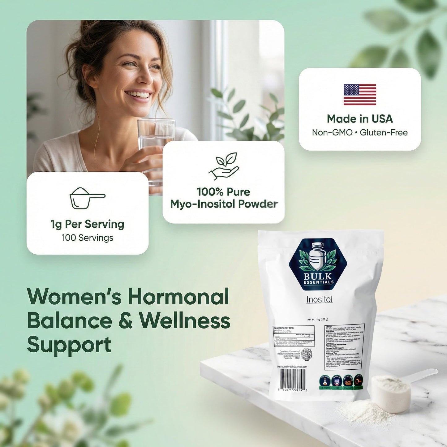 Bulk Essentials Myo Inositol Supplement for Women Powder, 3.51 oz