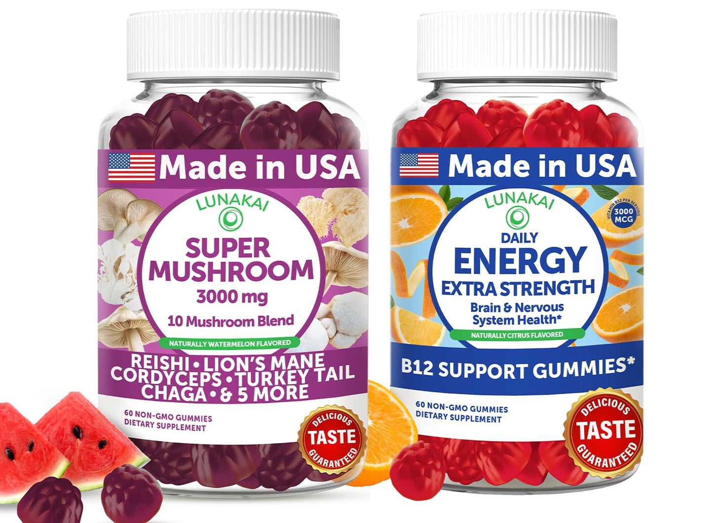 Lunakai USA Made Super Mushroom & Energy B12 Gummies (120 Count)