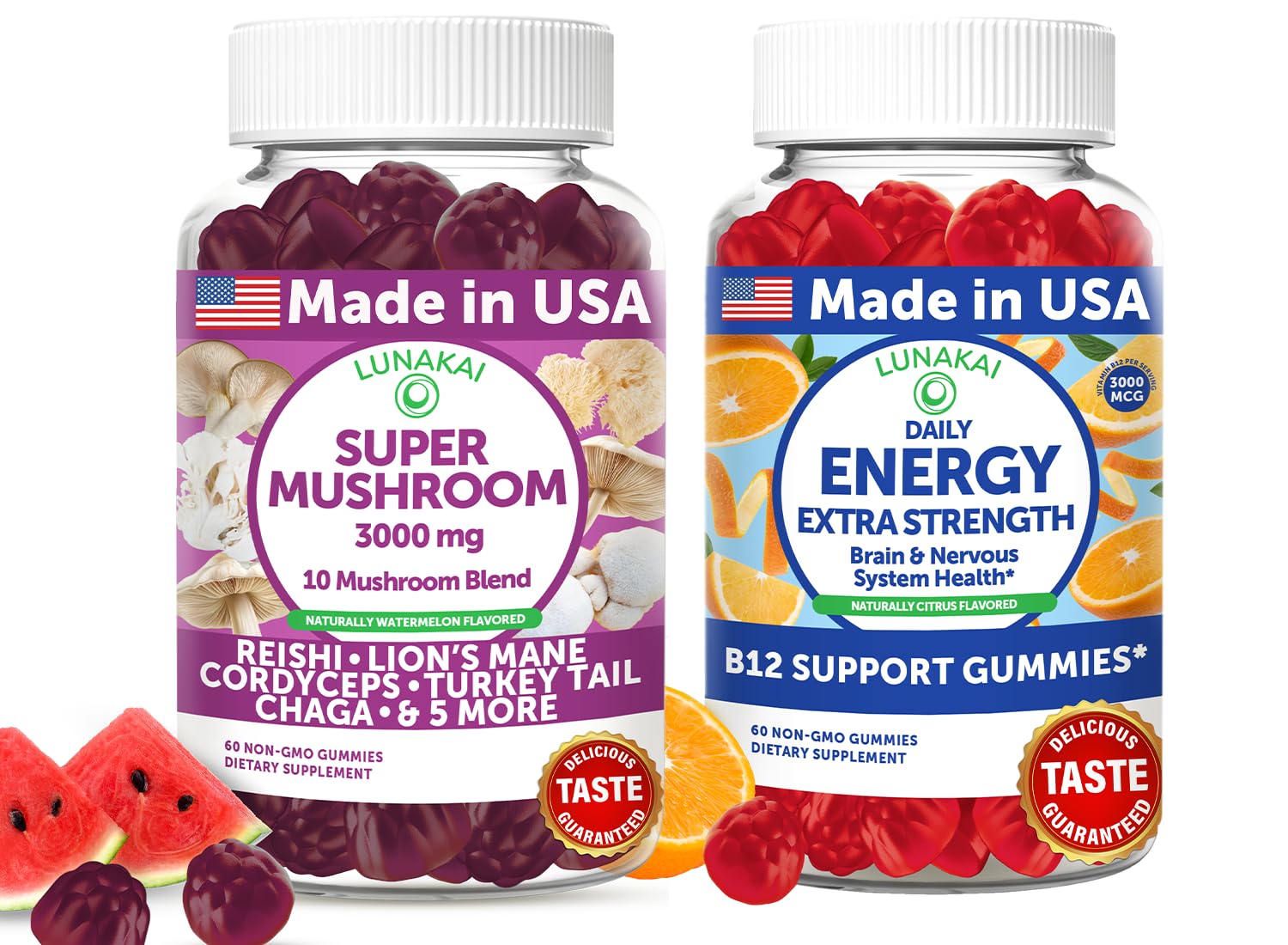 Lunakai USA Made Super Mushroom & Energy B12 Gummies (120 Count)