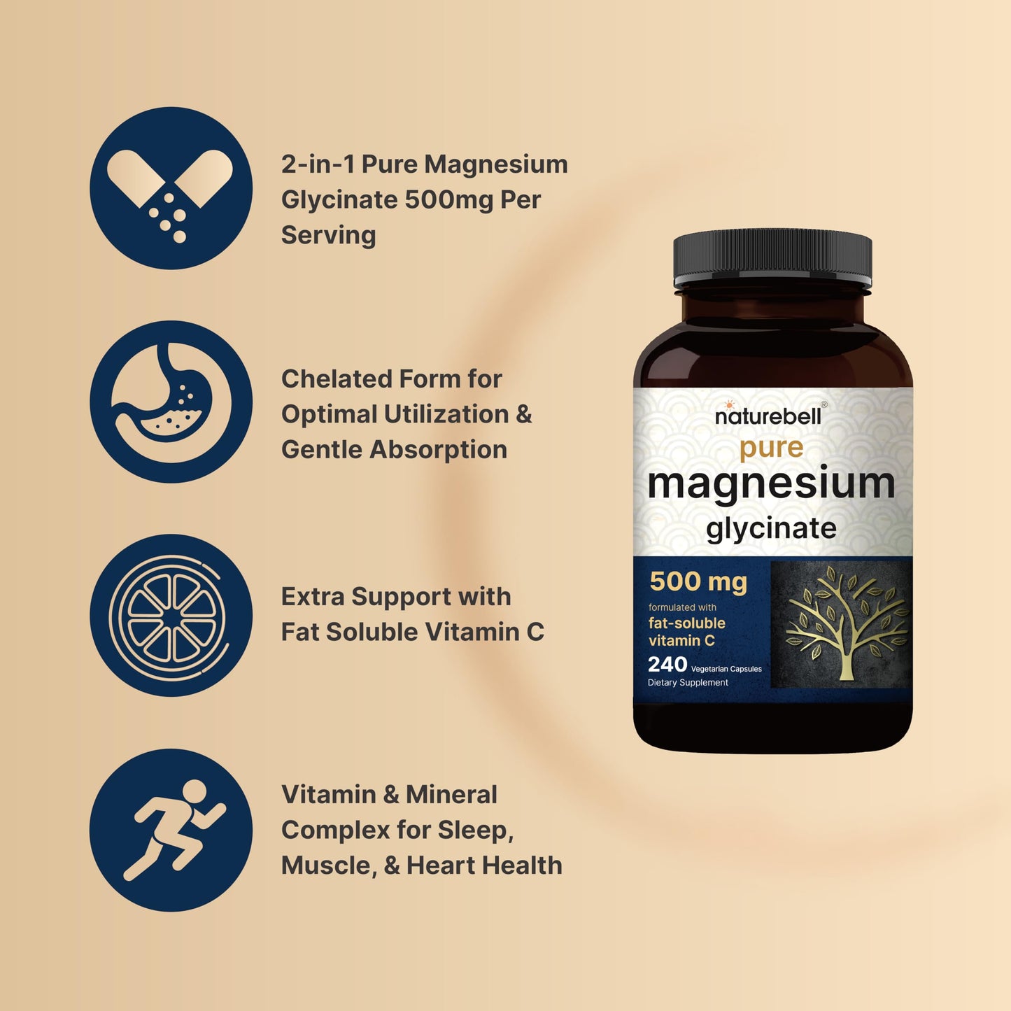 NatureBell Magnesium Glycinate 500mg Capsules, 240 Count