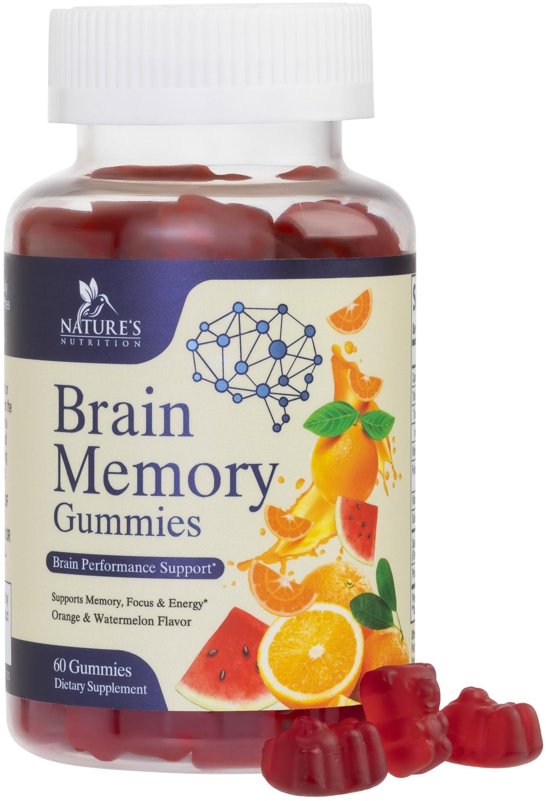 Nature's Nutrition Brain Supplements Gummies 3X Strength Nootropics for Memory, Focus, Concentration with Phosphatidylserine, B6, B12 - Clarity Support - 60 Gummies