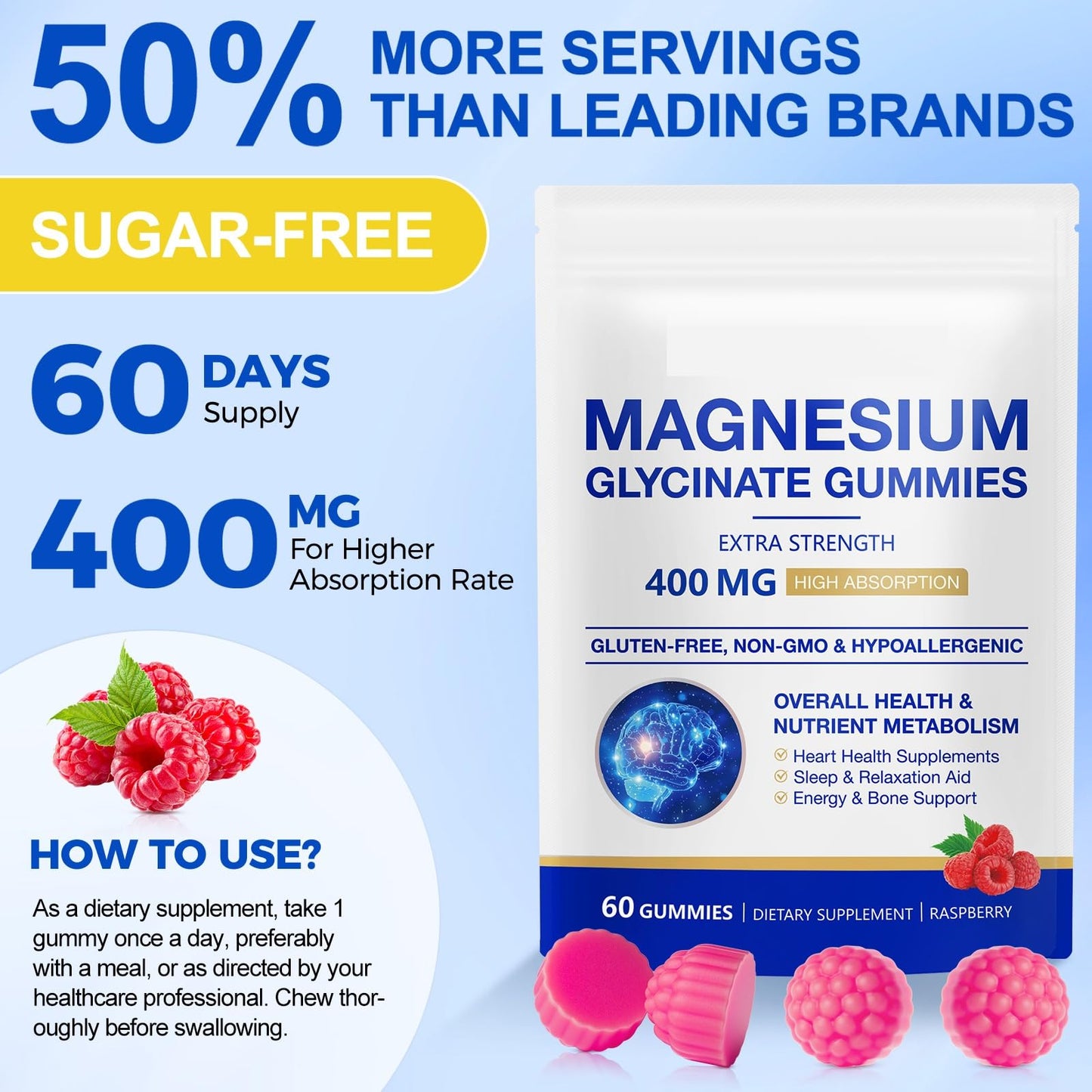 SOLEMEONY Magnesium Glycinate 400mg, 60 Gummies