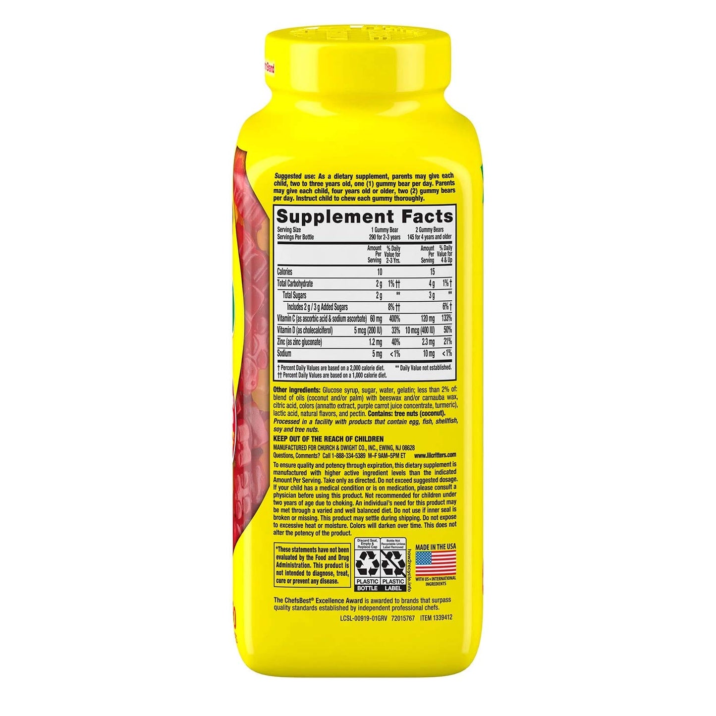 Vita L'il Critter Kids' Immune C Plus Zinc and Vitamin D Gummy 290 Count