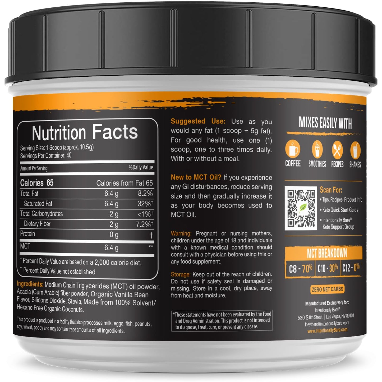 Intentionally Bare MCT Oil Powder - French Vanilla – Zero net Carbs, 14.5 Ounces