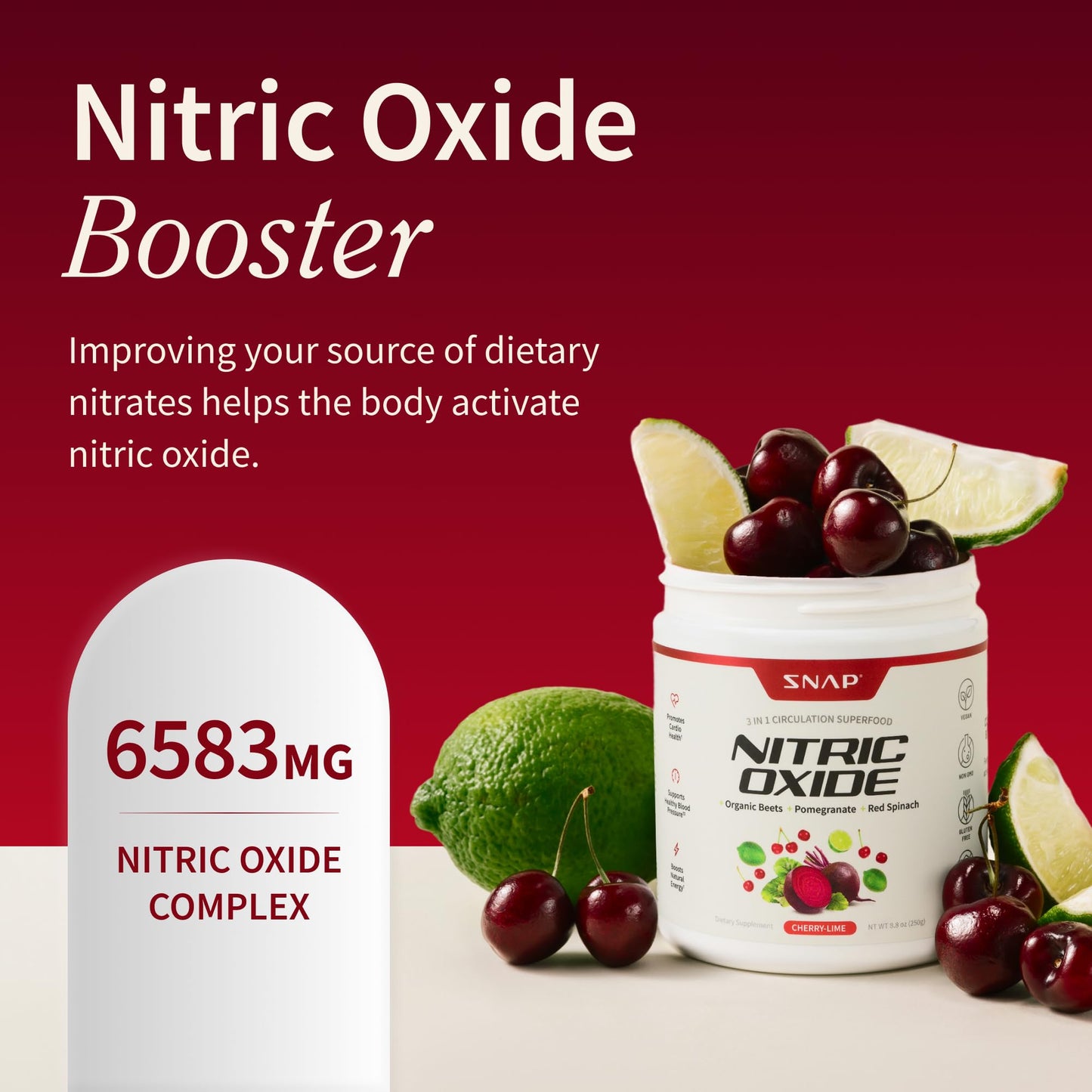 Snap Supplements Organic Beet Root Powder Nitric Oxide Supplement with Pomegranate & Red Spinach, Cherry Lime, 8.8 Ounce