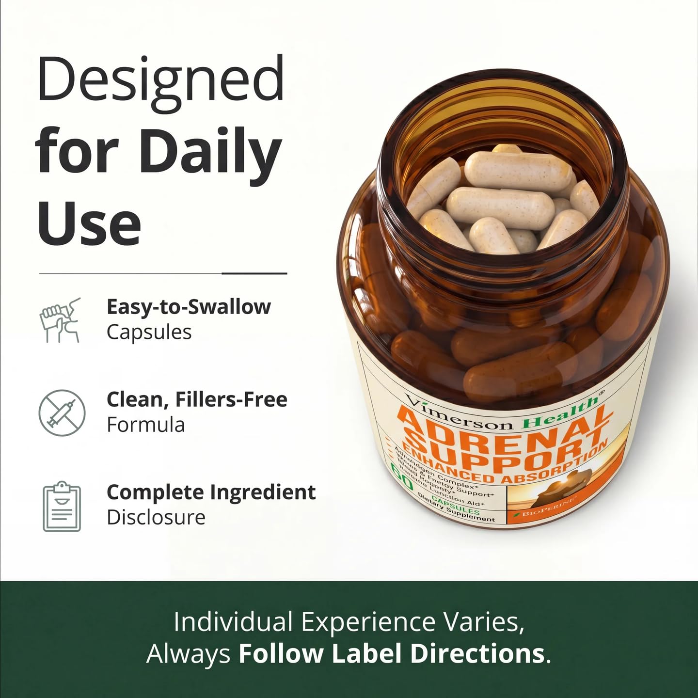 Vimerson Health Adrenal Support Supplements with Ashwagandha Rhodiola Holy Basil – Adaptogen Complex for Cortisol Health & Stress Support – Enhanced Absorption with BioPerine 60 Capsules