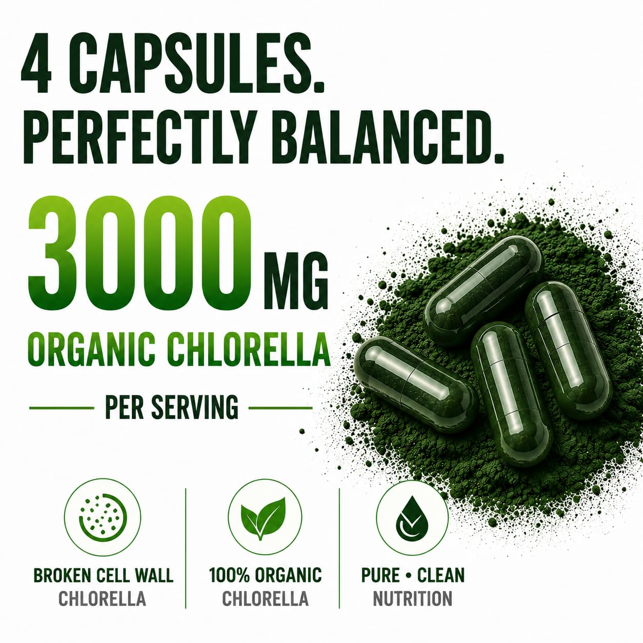 HCL HERBAL CODE LABS Chlorella 3000 mg Cracked Cell Wall Blue-Green Algae Capsule, 180 Capsules