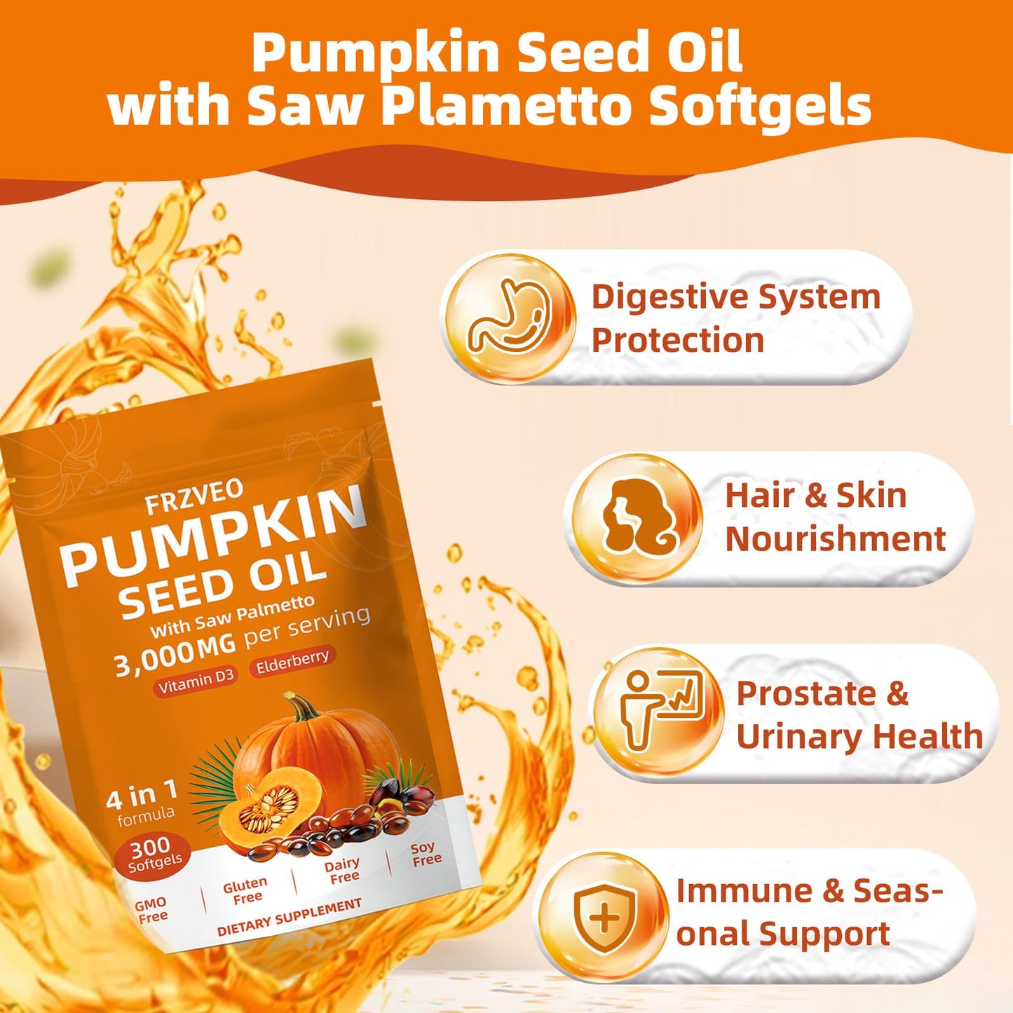 FRZVEO Pumpkin Seed Oil with Saw Palmetto, Vitamin D3 & Elderberry Capsules, 300 Capsules