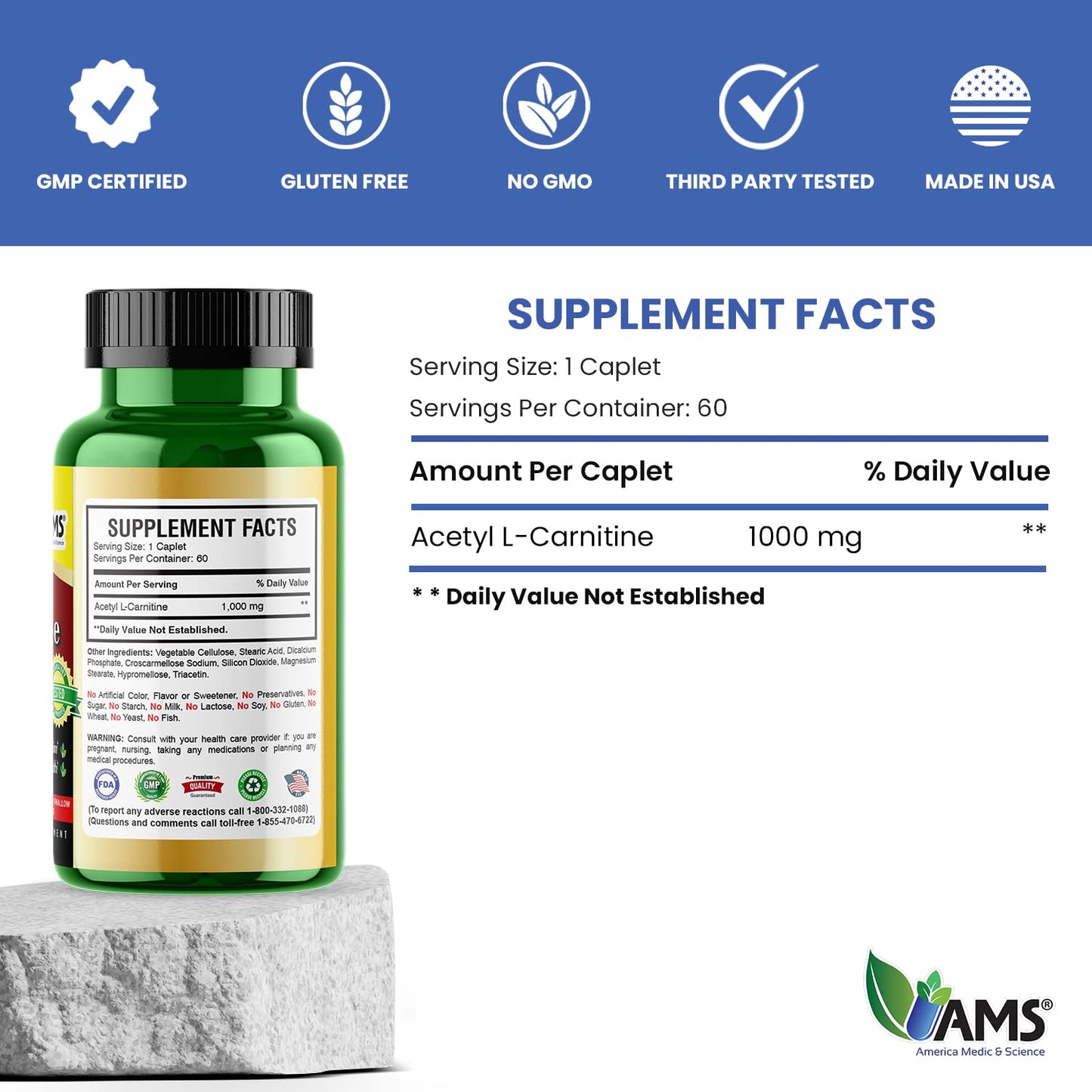 America Medic & Science Acetyl L-Carnitine 1000mg Tablets 60 Count