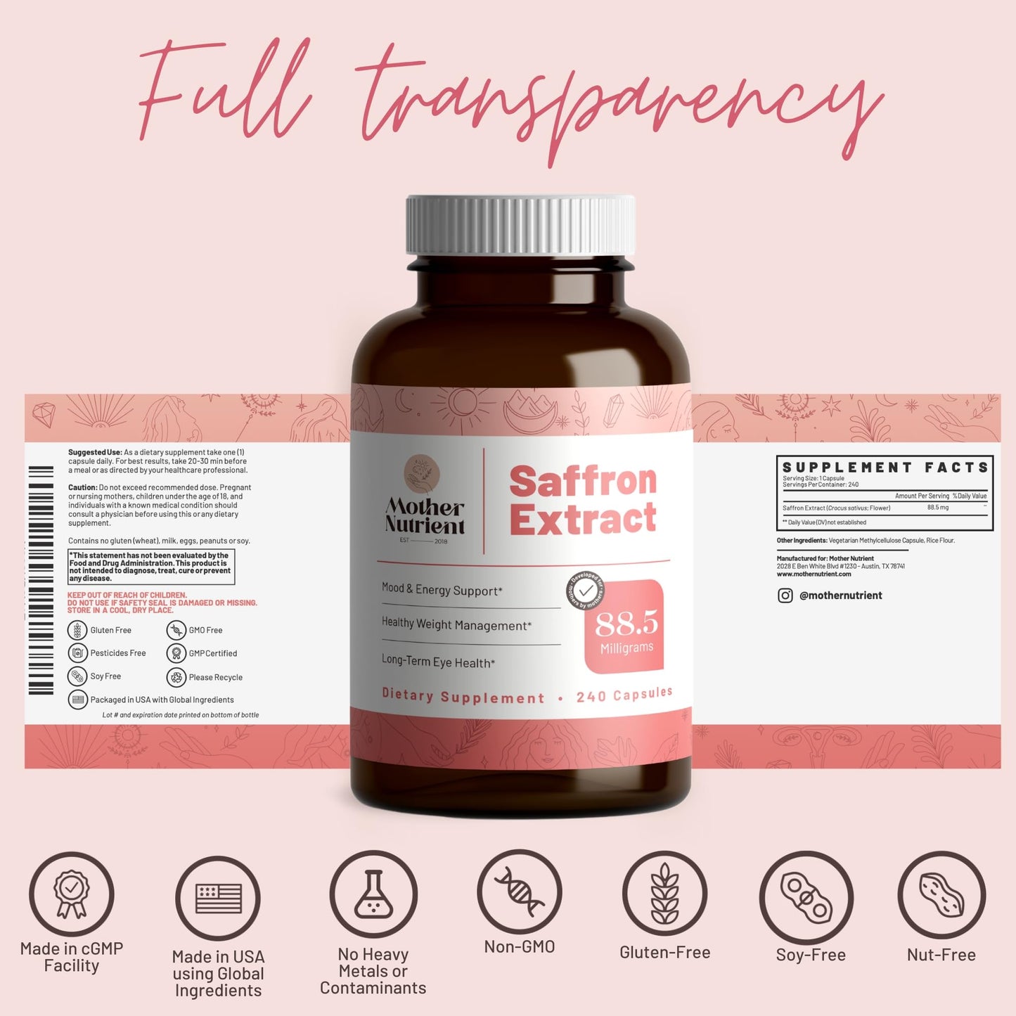 Mother Nutrient Saffron Extract Supplement for Women & Men Capsules 240 Count