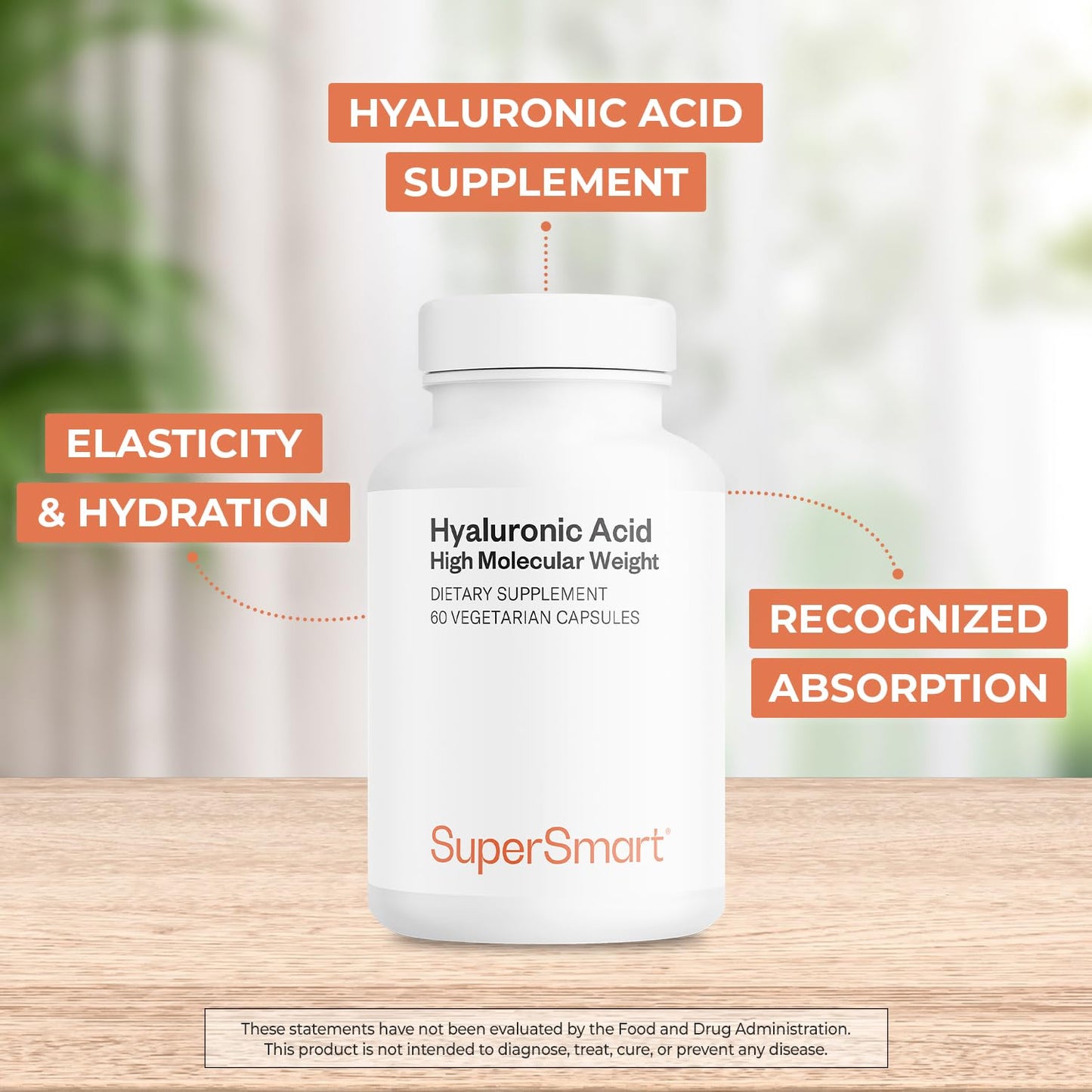 Supersmart Hyaluronic Acid Supplement 300mg per Day (Sodium Hyaluronate) - High Molecular Weight 1.2 Million Daltons, Non-GMO & Gluten Free, 60 Capsules