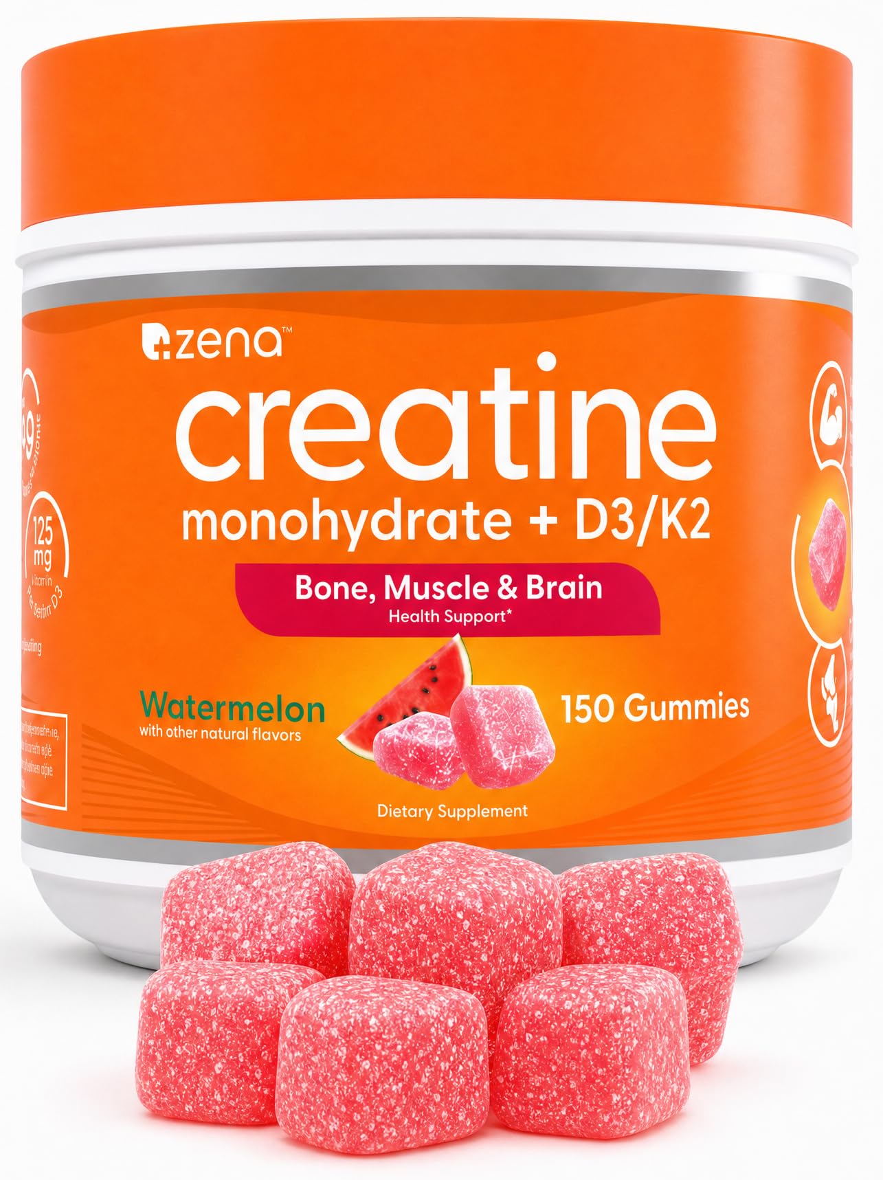 Zena Nutrition Creatine Gummies with D3 & K2, Creatine Monohydrate, 150 Gummies
