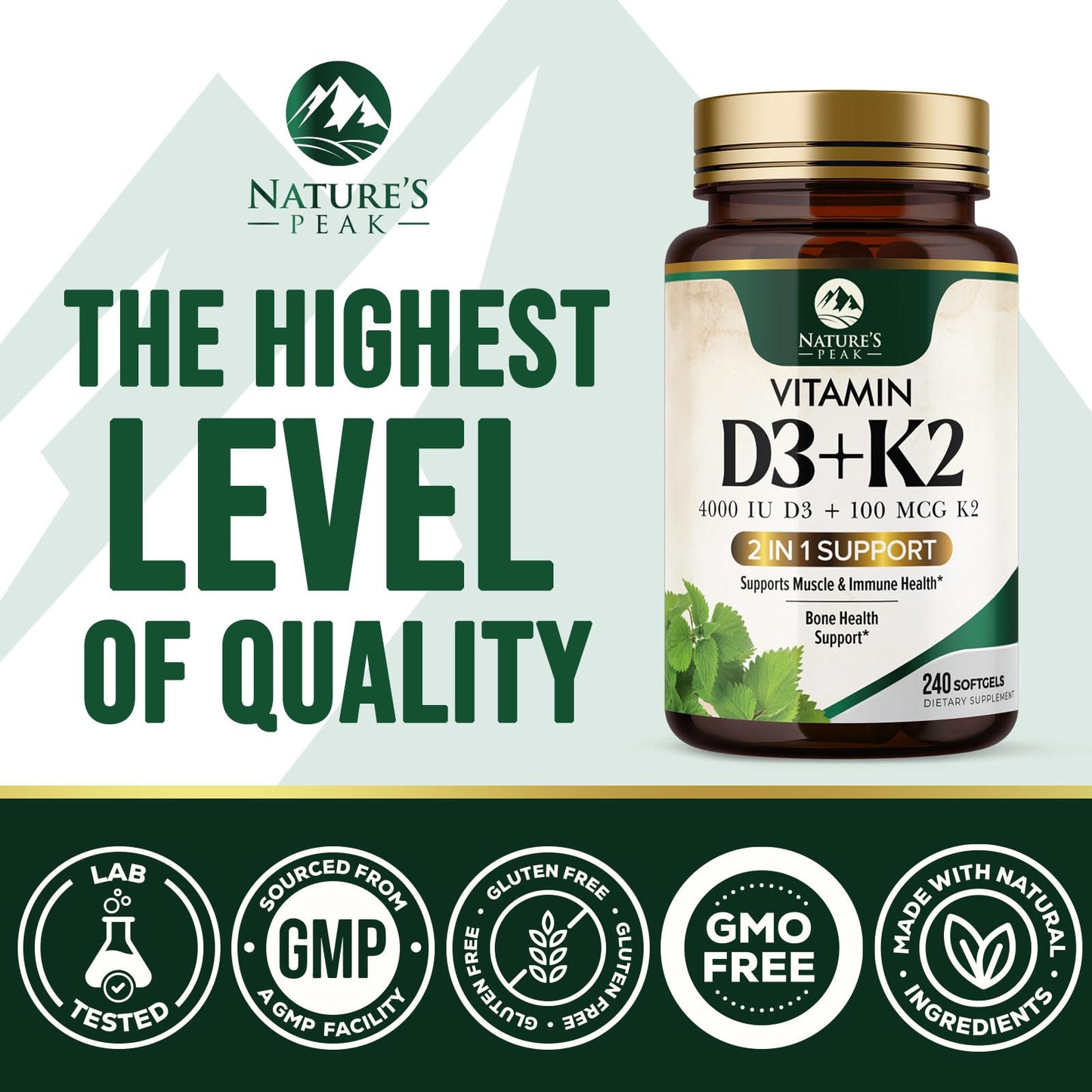 Nature's Peak Vitamin D3 K2 High Potency 2-in-1 Complex Vitamin D & K2 (MK7) Supplement, Gluten Free, Bone & Immune Support, 4000 IU per Softgel, 240 Softgels