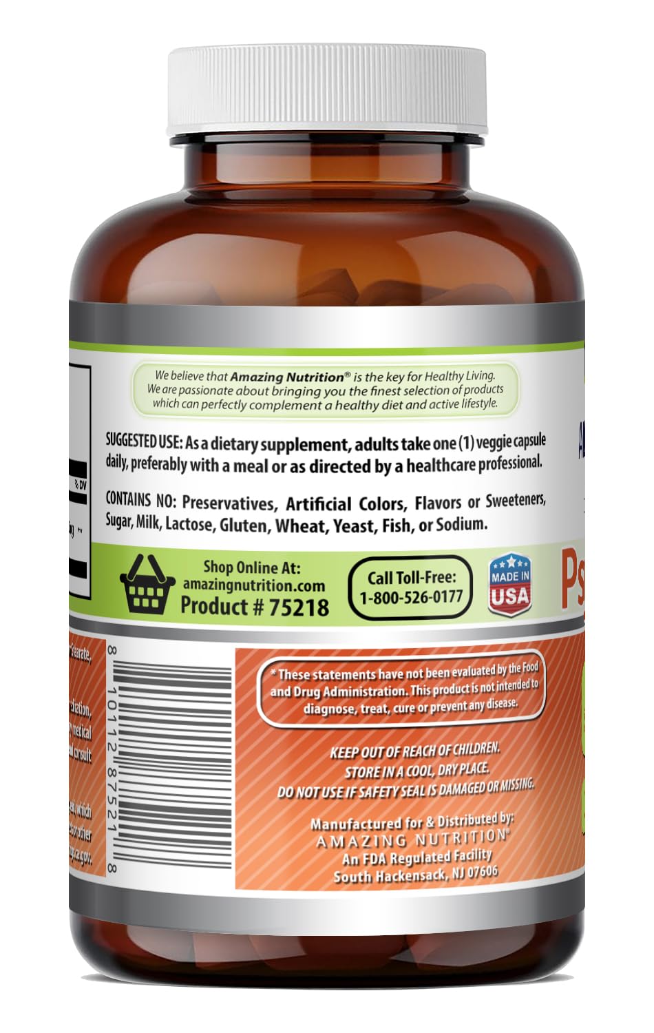 Amazing Nutrition Psyllium Husk 750mg Veggie Capsules 360 Count