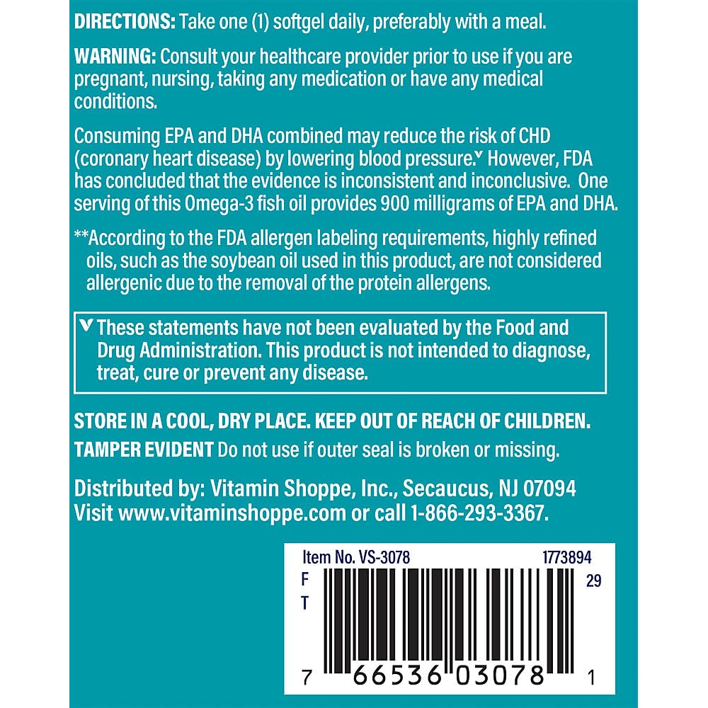 The Vitamin Shoppe Omega 3 Fish Oil 1290 mg Unflavored Softgel 120 Count
