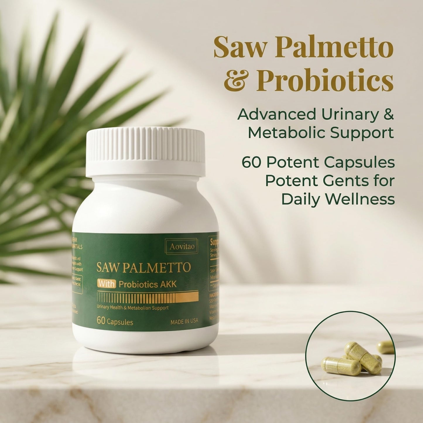 AOVITAO Saw Palmetto Extract with AKK Probiotics Capsules, 60 Capsules
