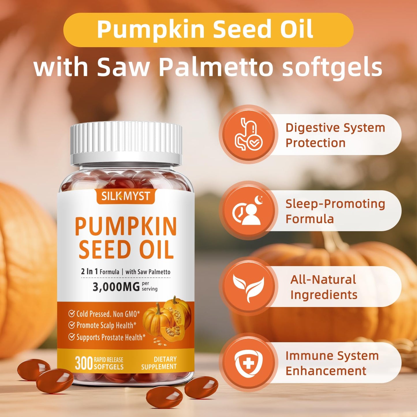 SILKMYST Pumpkin Seed Oil with Saw Palmetto Softgels, 300 Count
