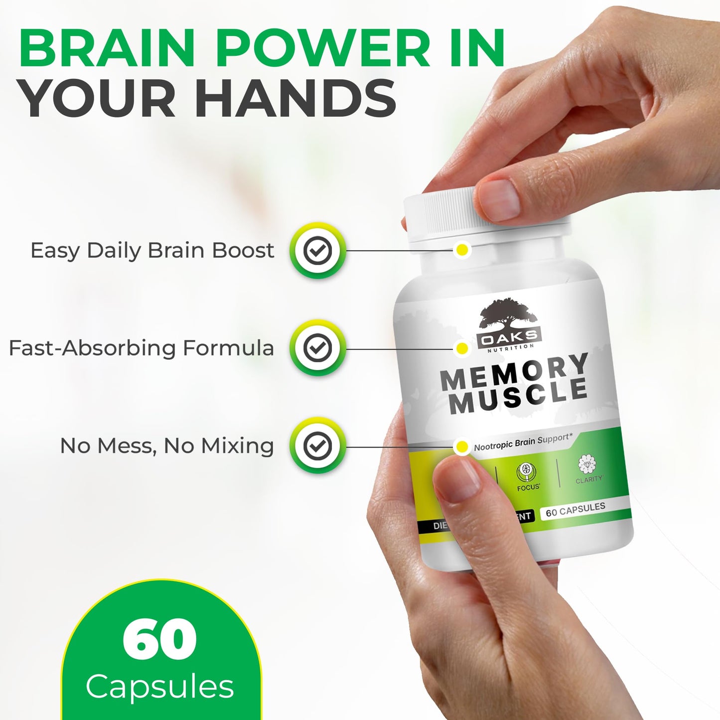 Oaks Nutrition Memory Muscle – Advanced Nootropic Brain Supplement with Vitamin B12, Bacopa Monnieri & DMAE for Focus, Memory, Mental Clarity & Clean Energy – Premium Cognitive Support Formula Capsule 60 Count