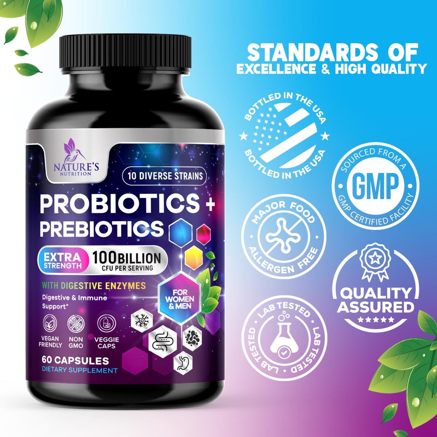 Nature's Nutrition Probiotics 100 Billion CFU Per Serving - 10 Premium Strains + Prebiotics - Best Probiotic Supplement for Women & Men - Supports Immune, Digestive Health, Occasional Constipation & Gas - Capsule, 60 Count