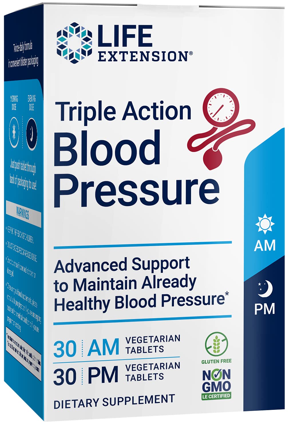 Life Extension Triple Action Blood Pressure & Heart Health Supplement with Quercetin, Stevia Extract & Melatonin Tablet, 60 Tablets