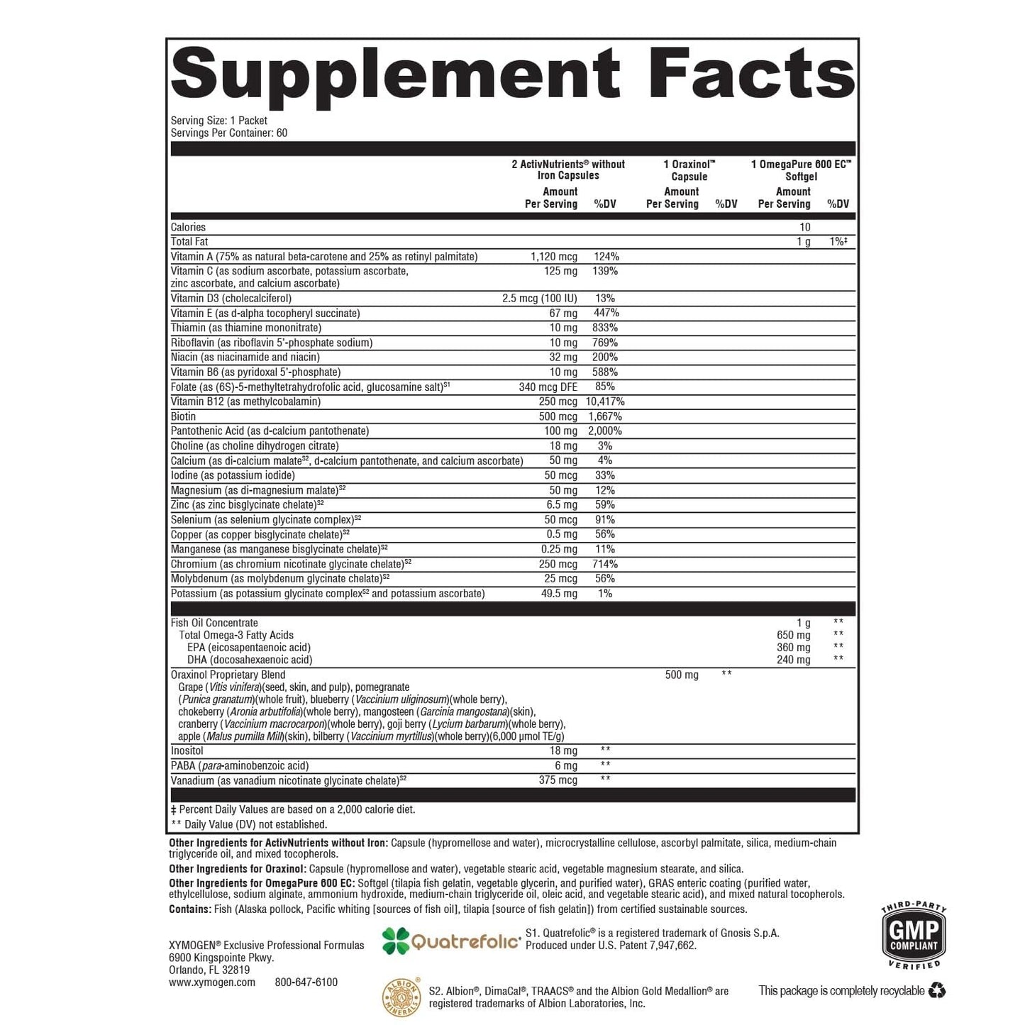 XYMOGEN ActivEssentials ActivNutrients Iron-Free Multivitamin, Omega-3 Fish Oil & Calcium Complex Capsule, 60 Count